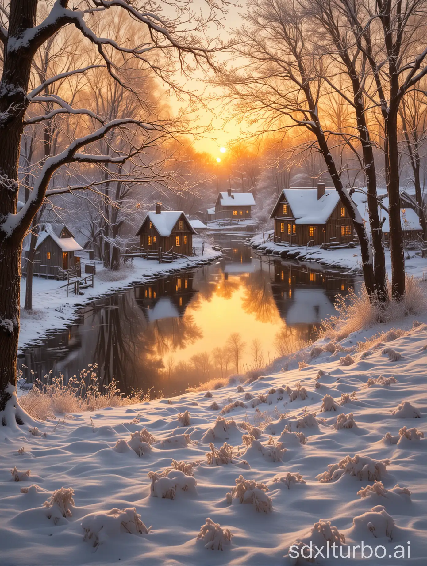 Chilly-Evening-Snowscape-Golden-Sunset-Romance-in-Nostalgic-Ambiance