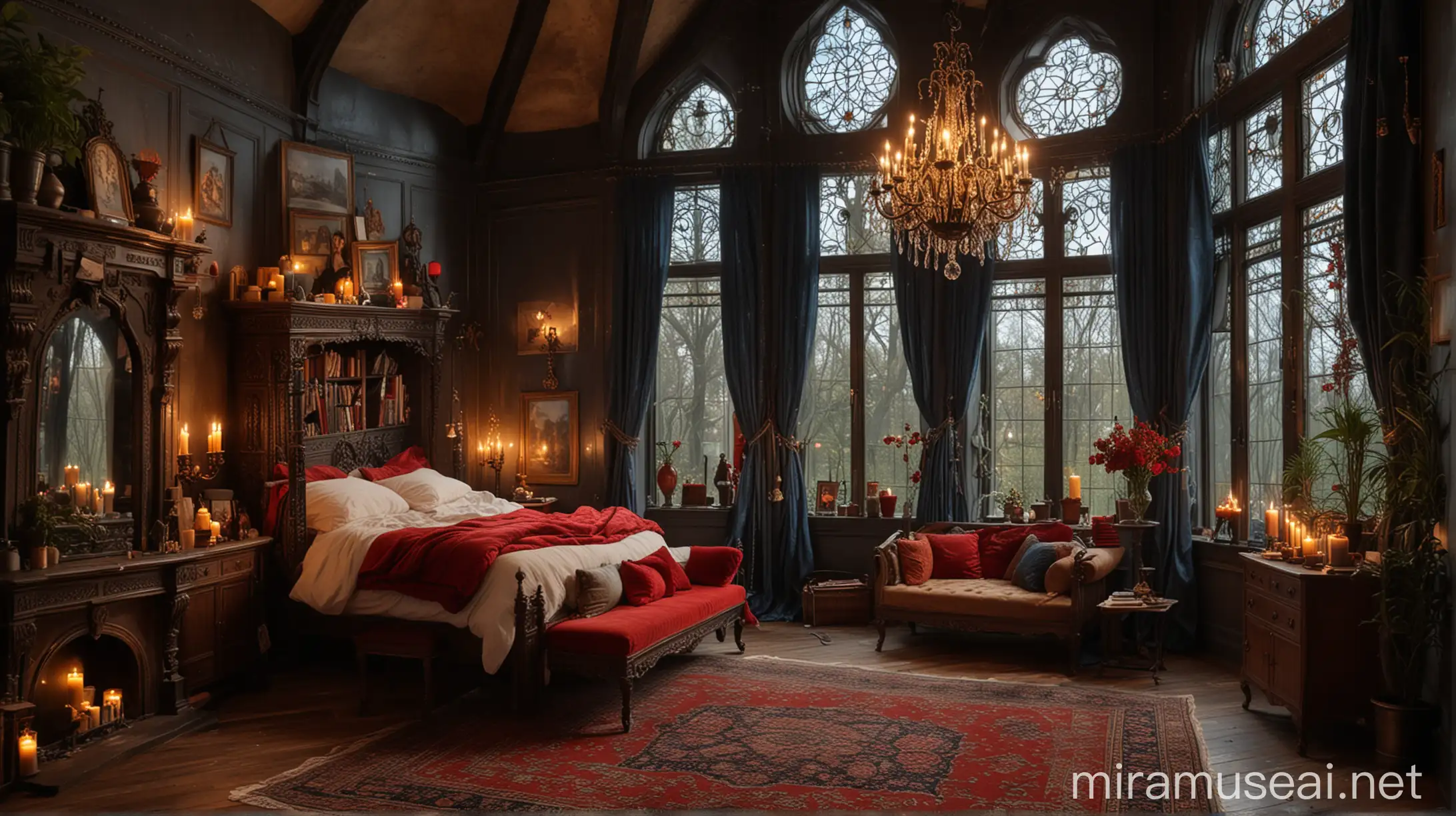 Luxurious Gothic Bedroom with Grand FourPoster Bed and Velvet Drapes