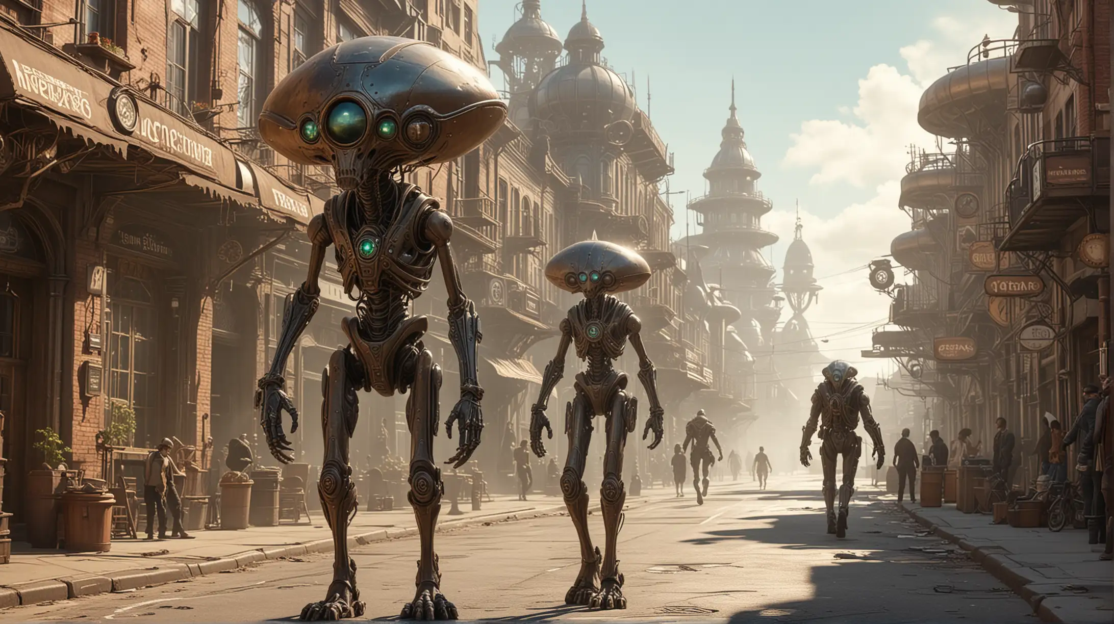 Alien Beings Strolling Through Sunny Steampunk City Streets