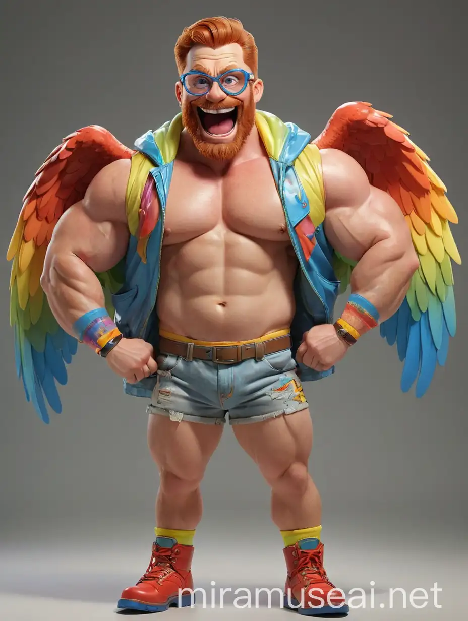 Smiling Topless Bodybuilder with Rainbow Wings and Doraemon Goggles Flexing