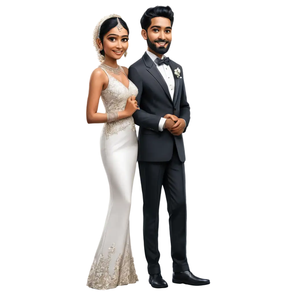 indian wedding caricature bride and groom standing, south indian bride and groom in tux
