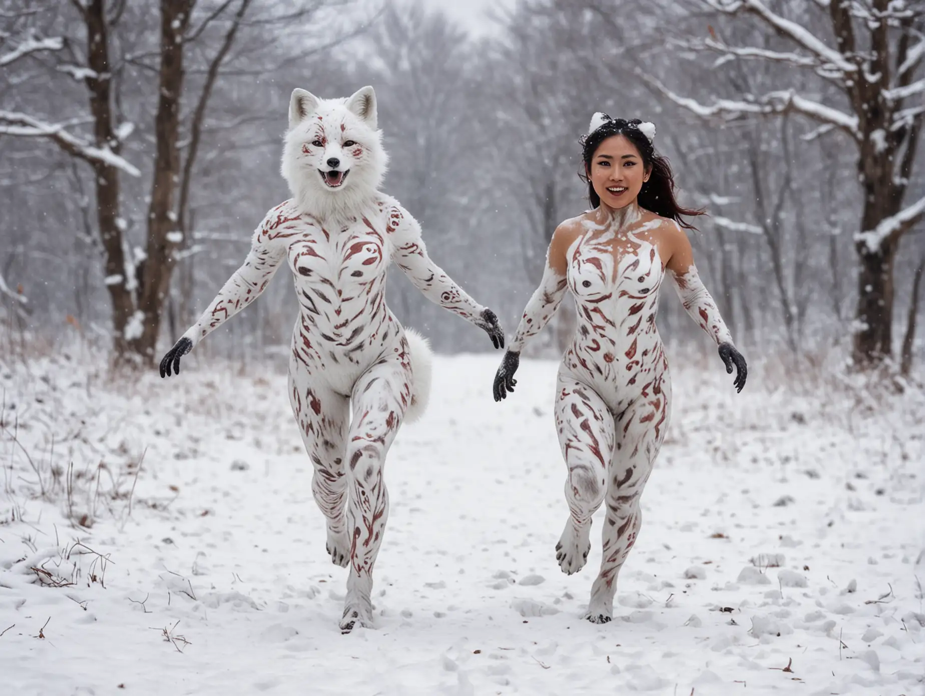 Full body. Asian woman. Body painted as an artic fox. Running in the snow