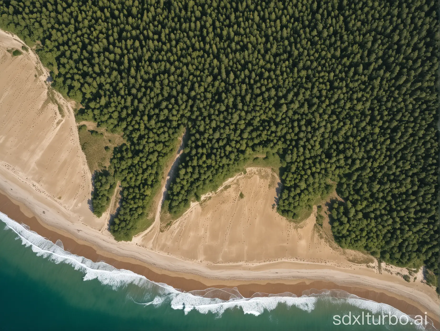 Aerial map of a forested valley with a straight sea at the fringe of the map on one side. The sea takes a fourth of the canvas stretching from edge to edge at the bottom of the image. The shoreline between the sea and the forest is straight. The shore is wide and sandy
