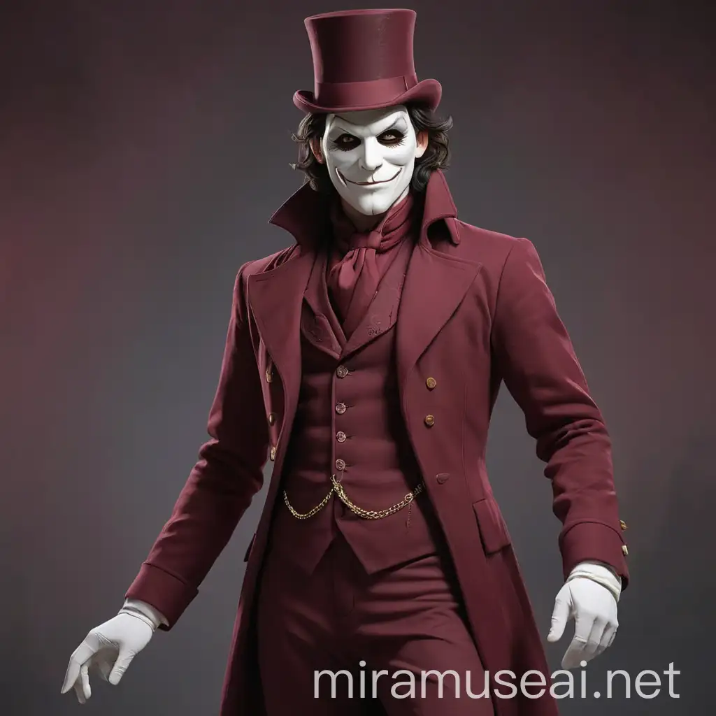 Мужчина с белой злобной маской, в бордовом цилиндре в бордовом  расстегнутом фраке и высокого роста с темными волосами