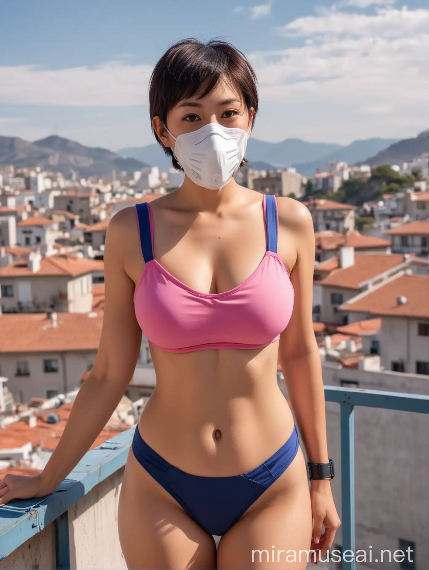 an attractive, buxom, big chested, short haired, half-asian, half-spanish woman in her late 30s, in a respirator mask, standing on a rooftop in spain, in a pink with blue trim, french cut, high-waisted bikini