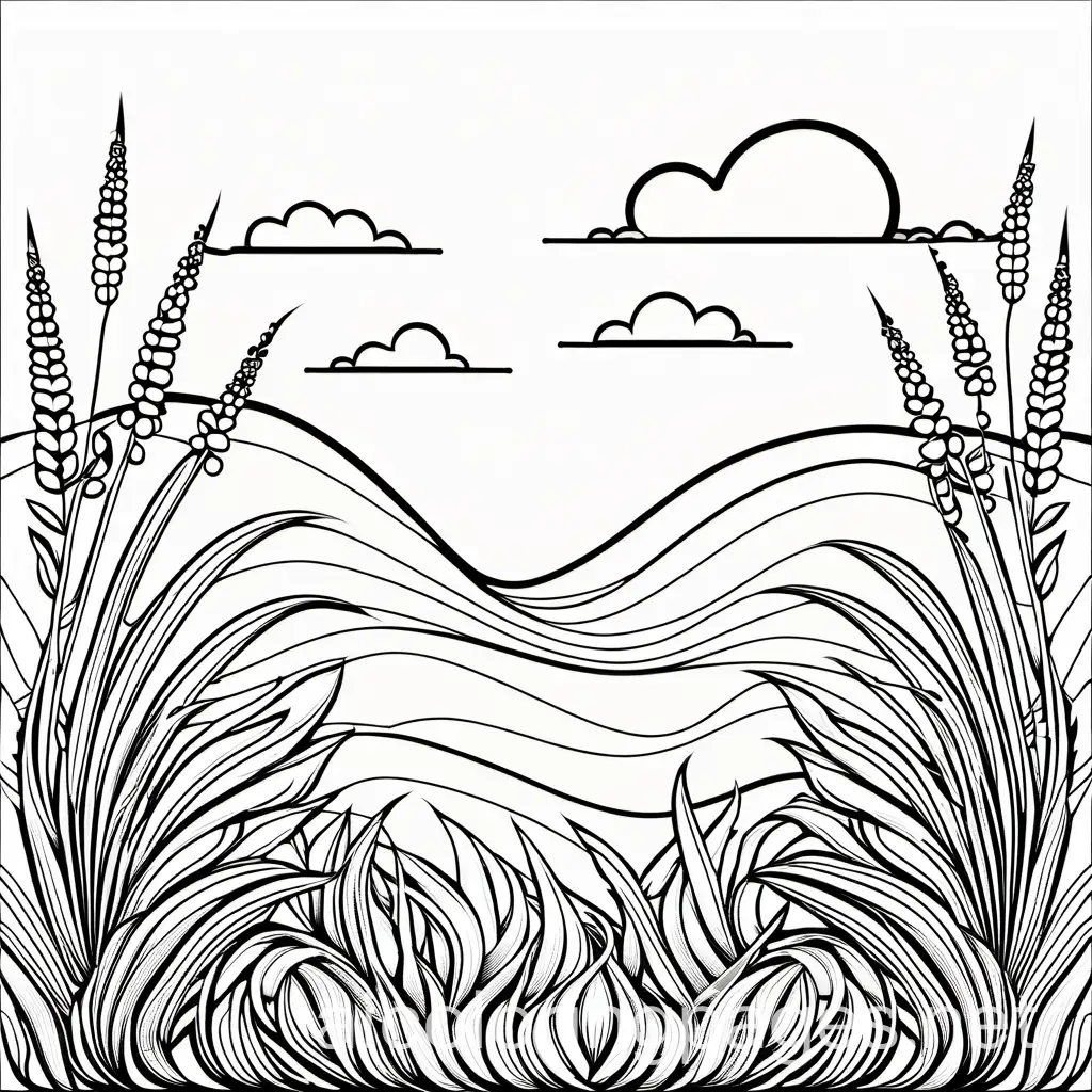 Grass, Coloring Page, black and white, line art, white background, Simplicity, Ample White Space. The background of the coloring page is plain white to make it easy for young children to color within the lines. The outlines of all the subjects are easy to distinguish, making it simple for kids to color without too much difficulty