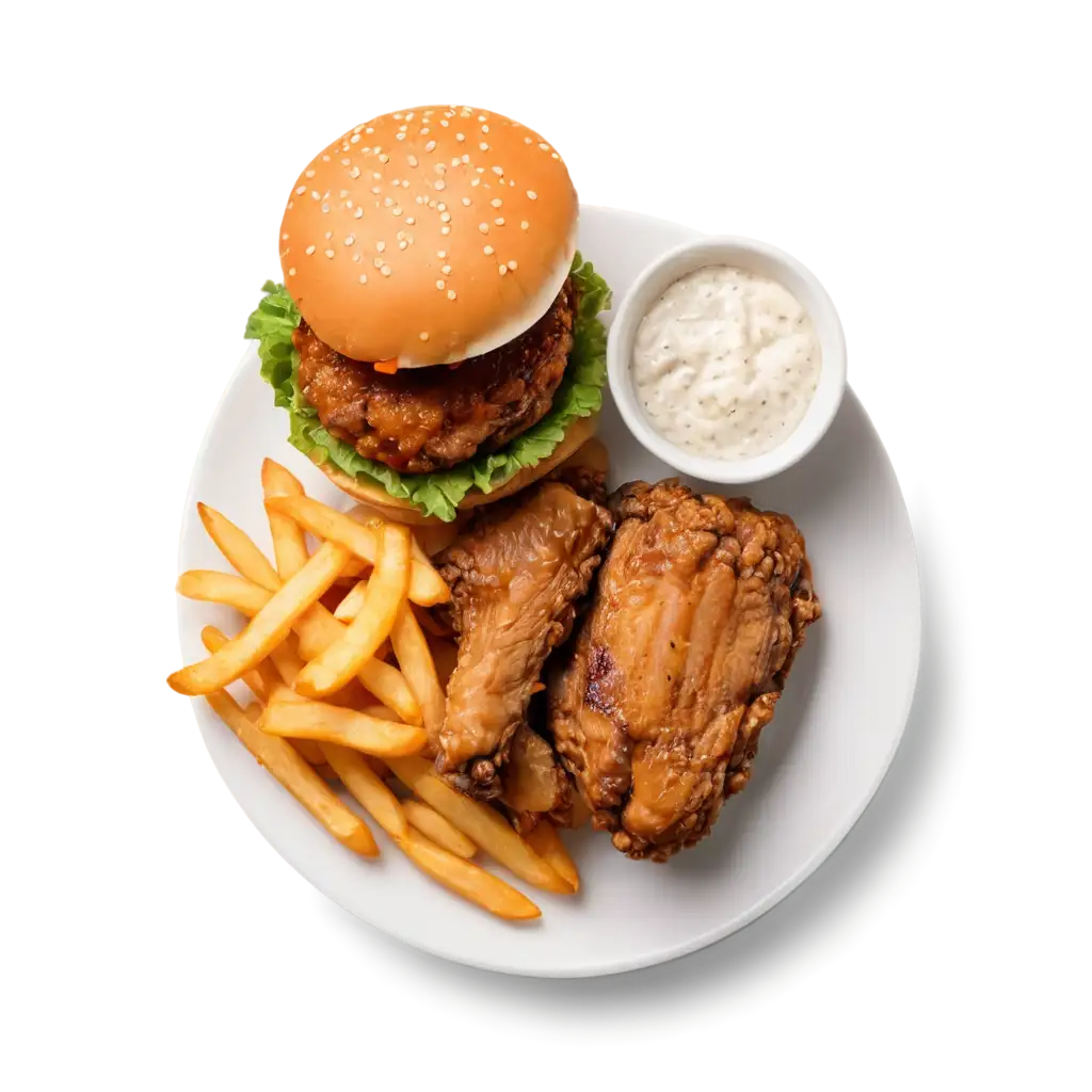 A top view photo of Burger, Fries And Fried Chicken Wings, in a Single White plate.