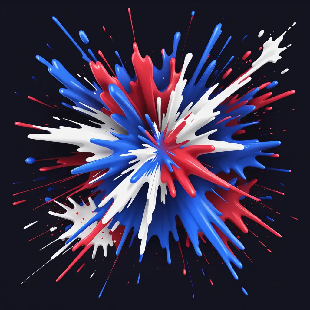 Vibrant Red White and Blue Ink Splatter Explosion with 3D Stars on Dark Background