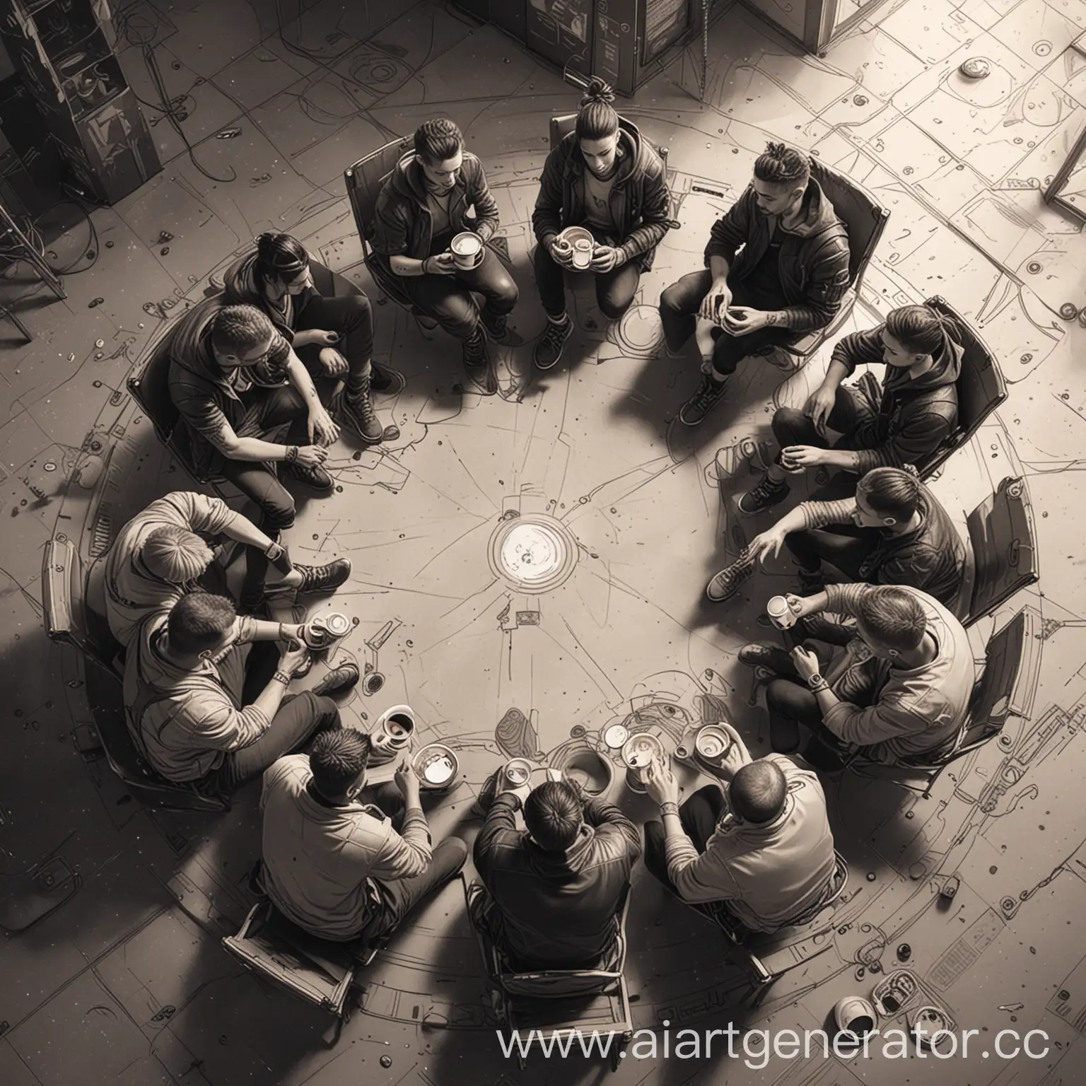 10 человек сидят в кофейне на полу в кругу и передают чашку кофе по кругу. рисунок в стиле киберпанка