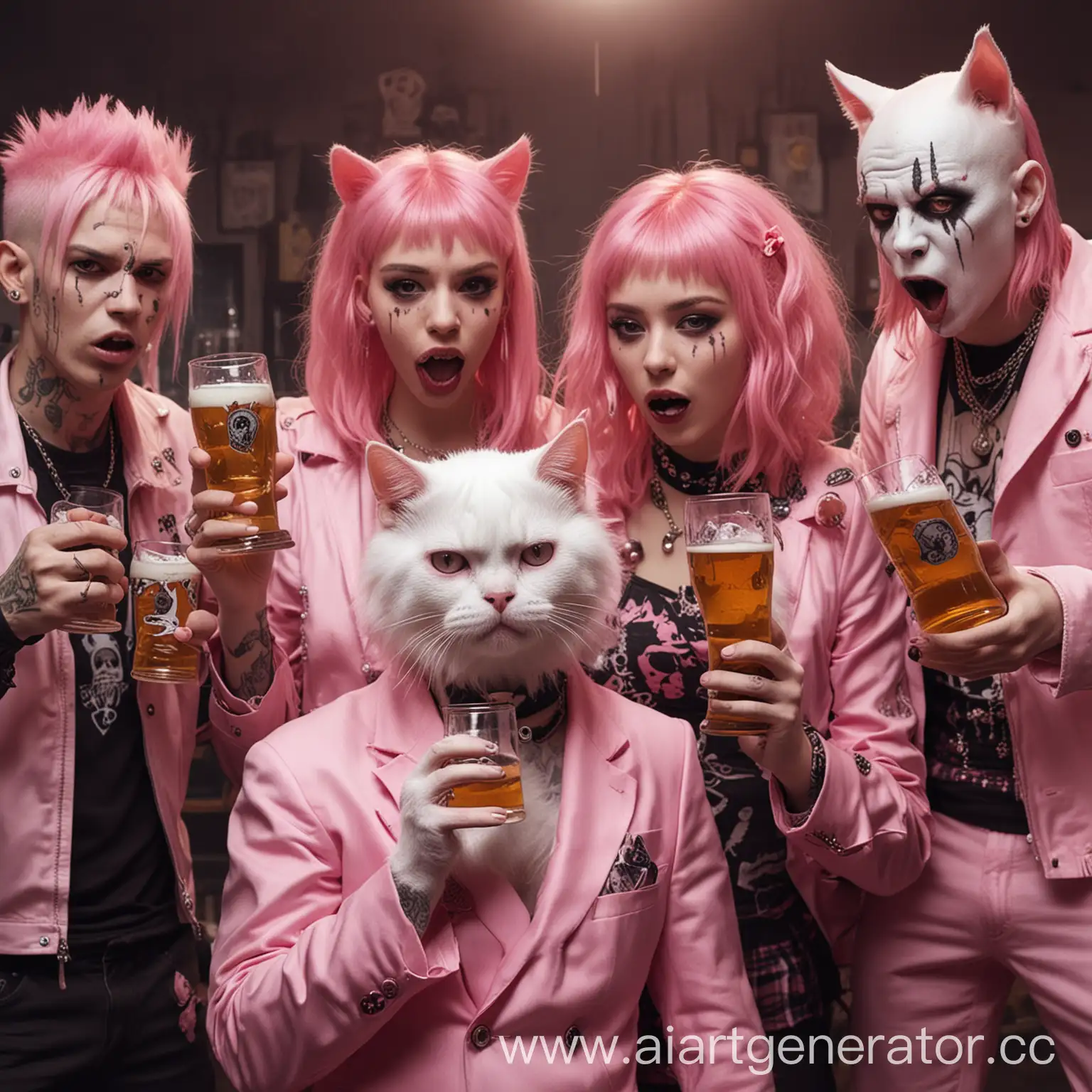 шесть парней неформалов, фриков, пьют пиво рядом с лысой кошкой в розовом костюме и две очеровательных красотки, одна с розовыми волосами, а вторая плачет, духи, призраки, демоны