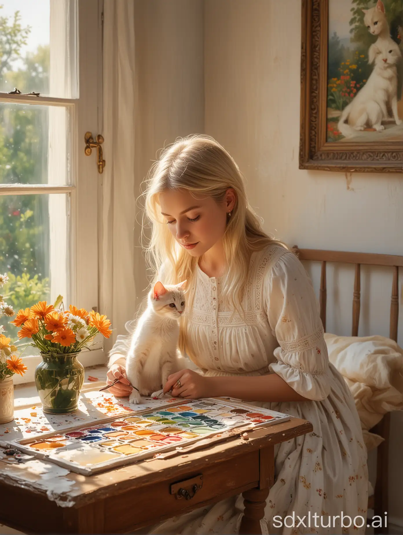 A (((thin blonde girl))) with intricate details and soft lines, lost in the art of painting a portrait, joined by a (curious kitten) that sniffs at the palette and brushes, both enjoying a tranquil atmosphere in a cozy (bedroom), framed by a (sunny window) that illuminates a (softly glowing outdoor garden) in the background