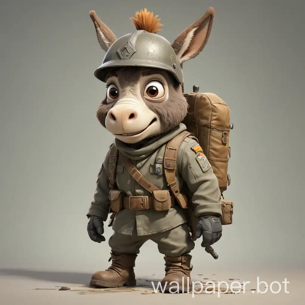A cute burro in cartoon style, full body, soldier grimy clothes with boots and helmet, with clear background