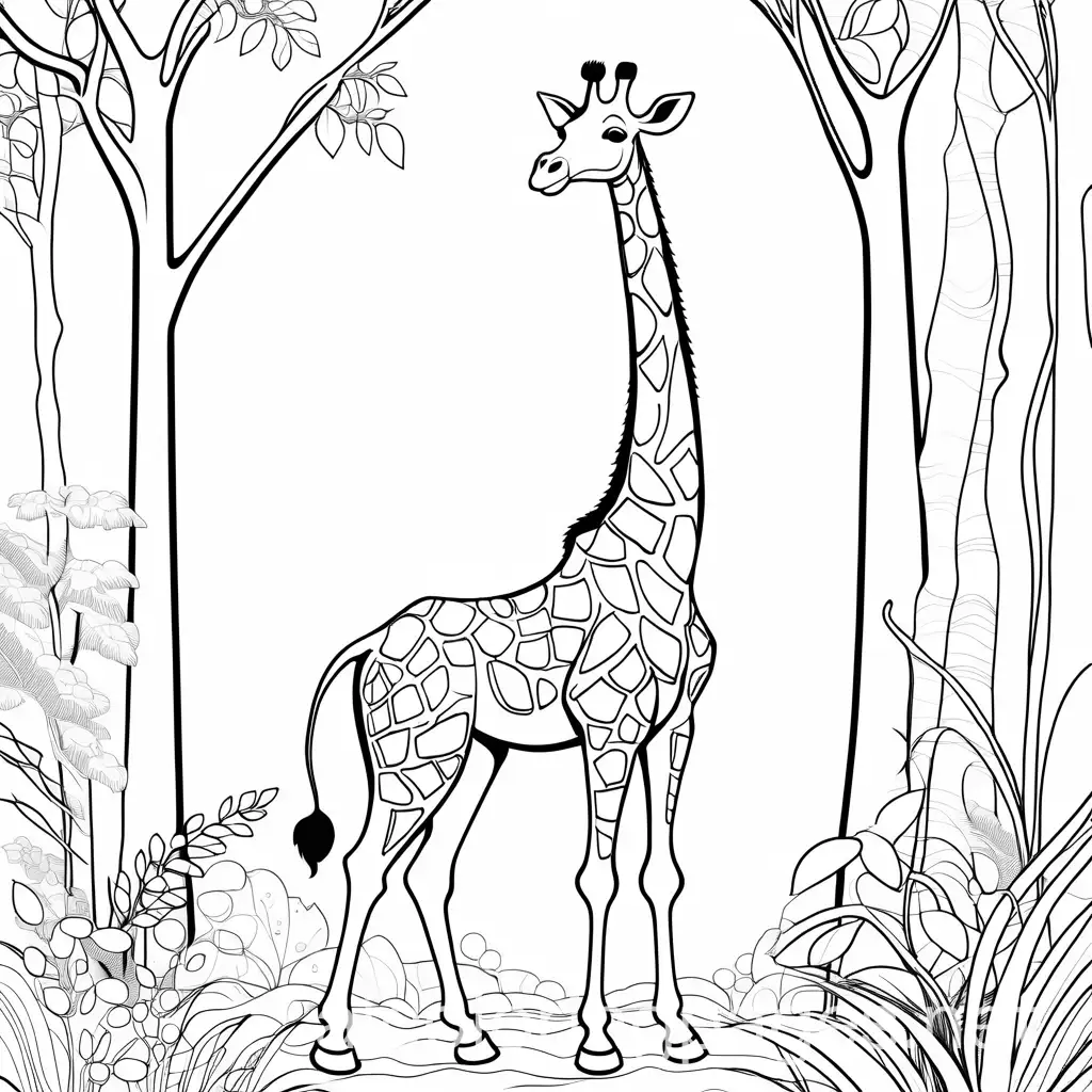happy cartoon giraffe playing in the forest, Coloring Page, black and white, line art, white background, Simplicity, Ample White Space. The background of the coloring page is plain white to make it easy for young children to color within the lines. The outlines of all the subjects are easy to distinguish, making it simple for kids to color without too much difficulty