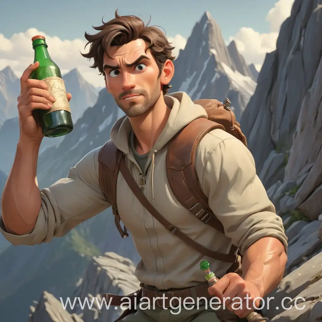 мультяшный привлекательный мужчина покорит гору и держит в руках бутылку