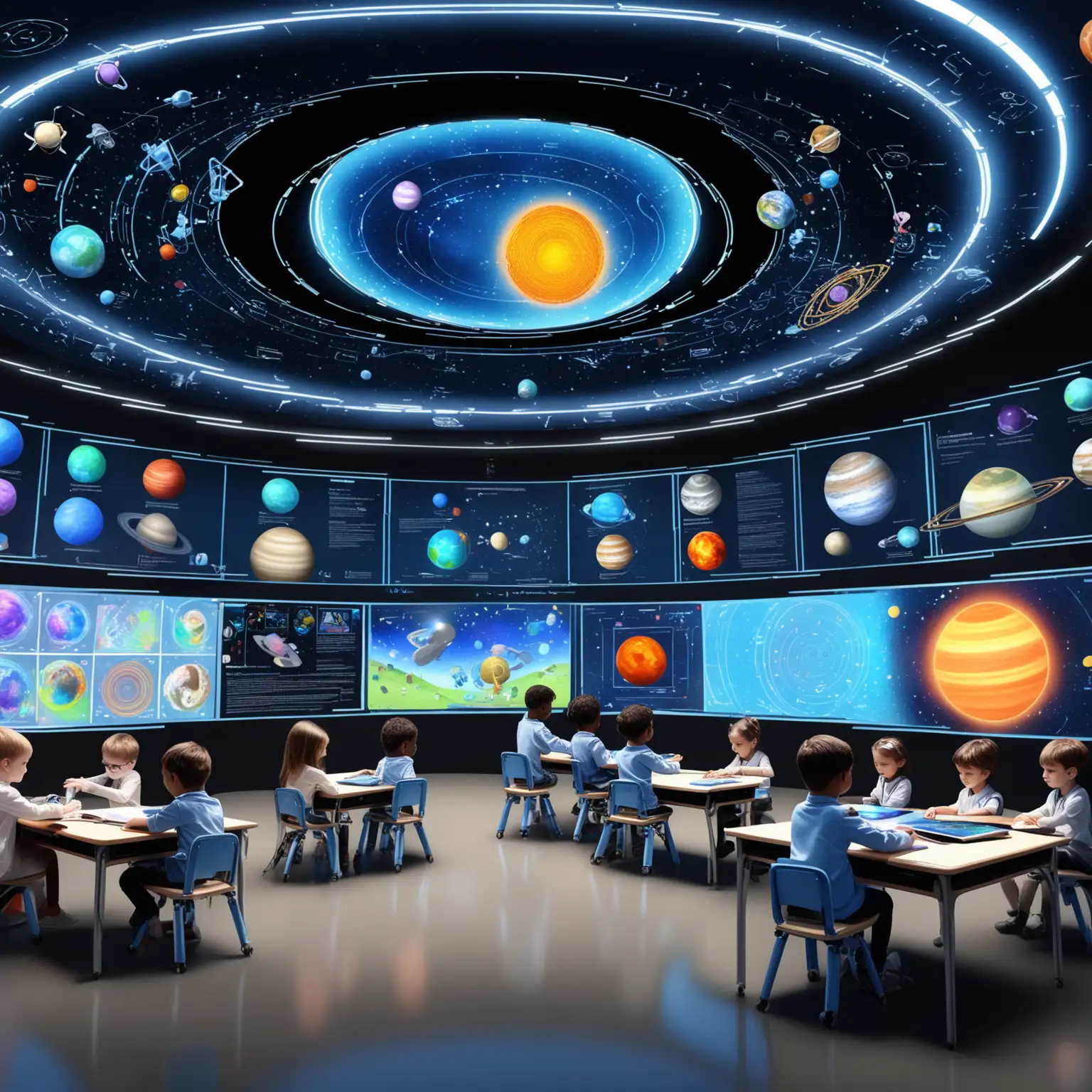 A futuristic classroom filled with children of diverse backgrounds, engaged in interactive learning with advanced AI robots as their tutors. The AI robots are multifunctional, assisting with lessons in science, technology, engineering, arts, and mathematics. The walls of the classroom are interactive screens displaying holographic models of the solar system, DNA helix, and famous works of art. The children are wearing VR headsets that allow them to explore virtual worlds and gain a deeper understanding of complex concepts. The atmosphere is vibrant and inspiring, with the children's imagination and creativity being the driving force of their education.