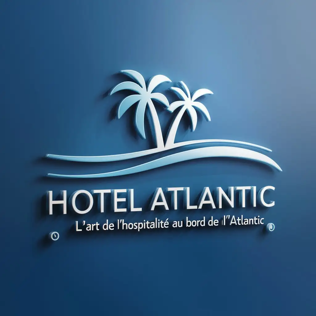 a logo design,with the text "Hotel Atlantic", main symbol:palm trees, blue colour, 3D Design, clear background, with slogan: l'Art de l'Hospitalité au bord de l'Atlantic,Moderate,be used in Travel industry,clear background