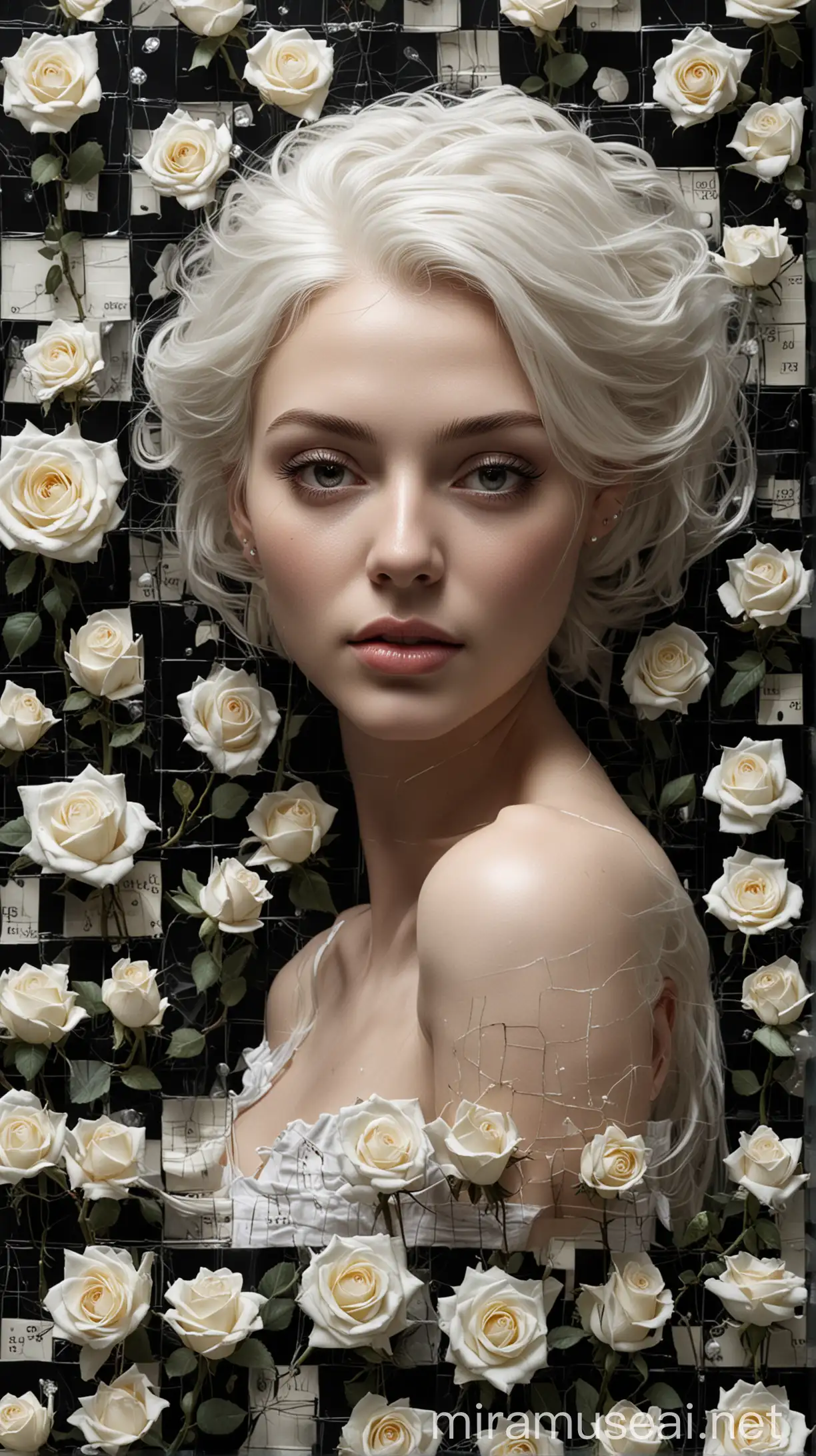 Surreal Woman Portrait with Glossy Skin and White Rose in Fantasy Setting