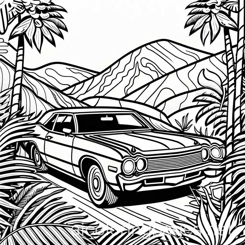 car in an accident in the jungle, Coloring Page, black and white, line art, white background, Simplicity, Ample White Space. The background of the coloring page is plain white to make it easy for young children to color within the lines. The outlines of all the subjects are easy to distinguish, making it simple for kids to color without too much difficulty