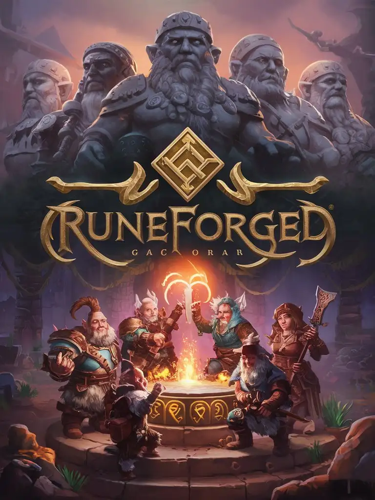 STYLIZED GAME ART WITH LOGO ONLY "RUNEFORGED" LOOMING dwarven STATUES, vibrant fantasy frontier, DWARF PARTY, dwarf WARDEN WARRIOR WARLOCK DRUID RANGER hero, RUNE altar, epic quest, RUNE STONE, rpg video game cover