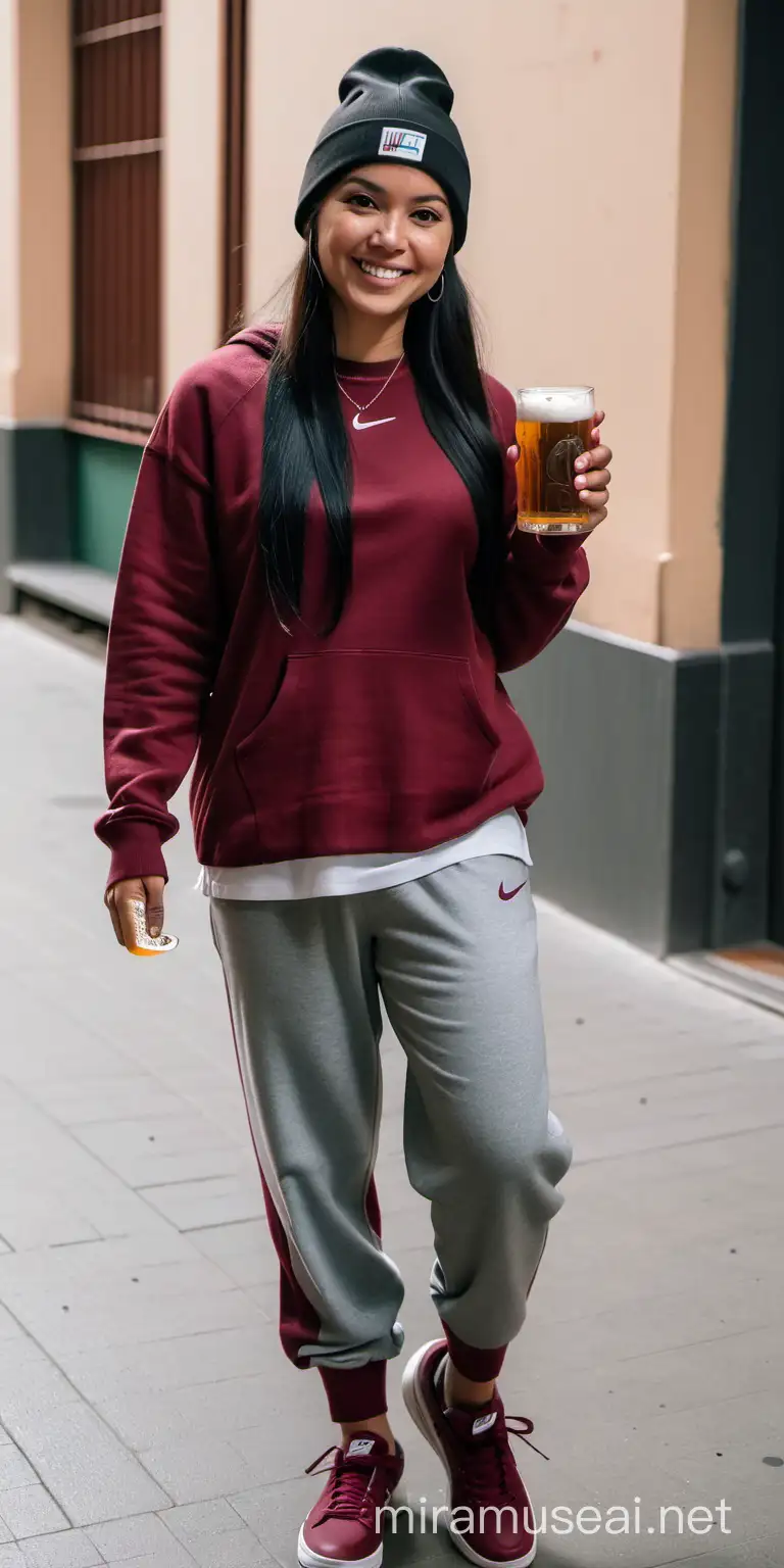 Mujer colombiana de 42 años, sonriente, cabello largo liso negro, con beanie hip hop color negro,con sudadera cuello redondo color vinotinto, pantalón ancho drill gris y zapatillas Nike, sosteniendo una cerveza,en Bogotá.