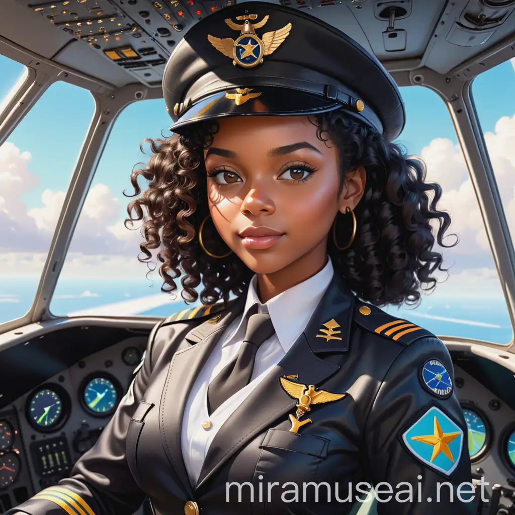 a cartoony color of beautiful
black woman wearing black color naturally curly hair she is a pilot in a cockpit flying a plane while holding the yoke, , dressed in black airline pilot uniform with white shirt with cap and badge, she is in a cockpit with all the instruments