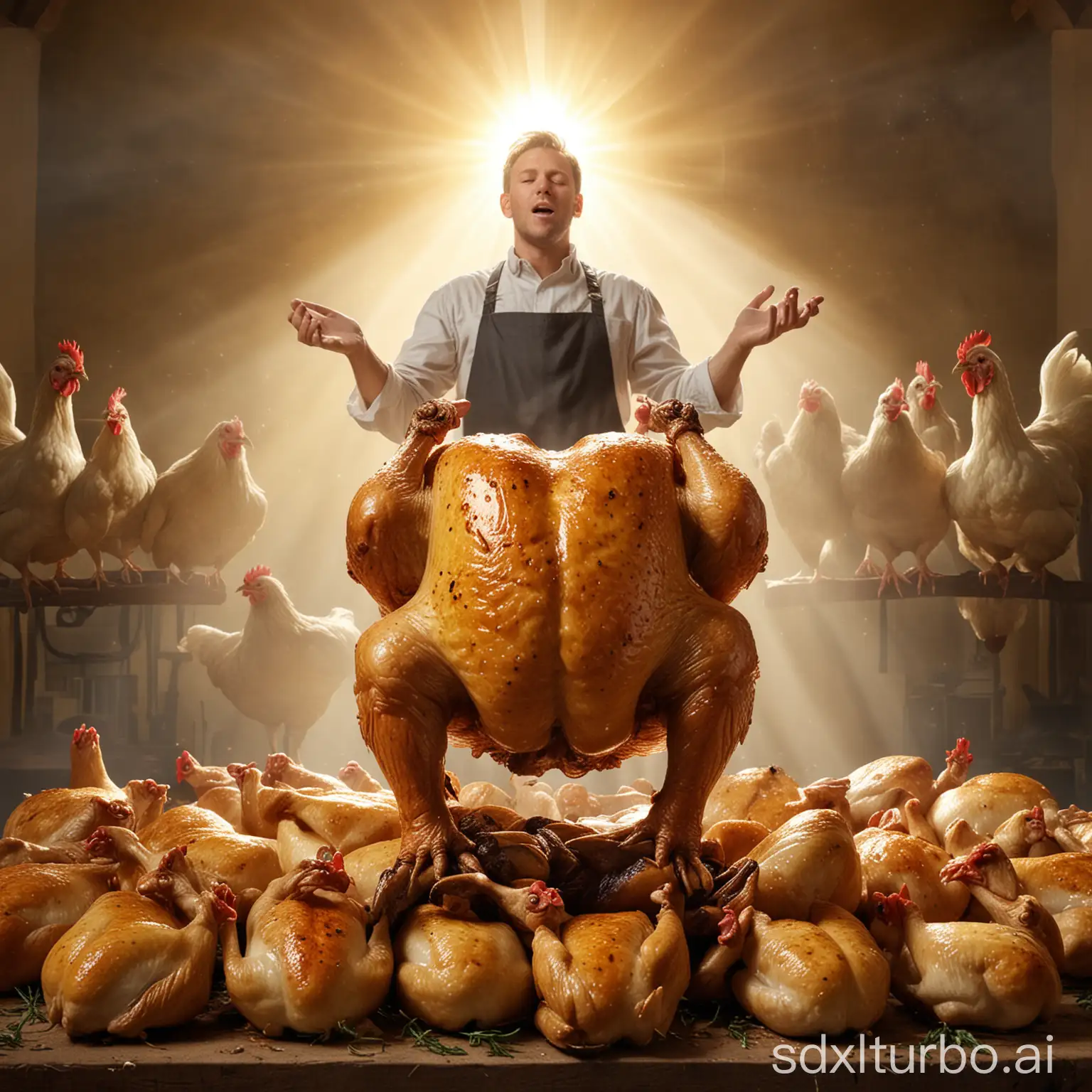 Roast Chicken God, in his divinity with light coming from it. And a multitude of chickens are worshipping
