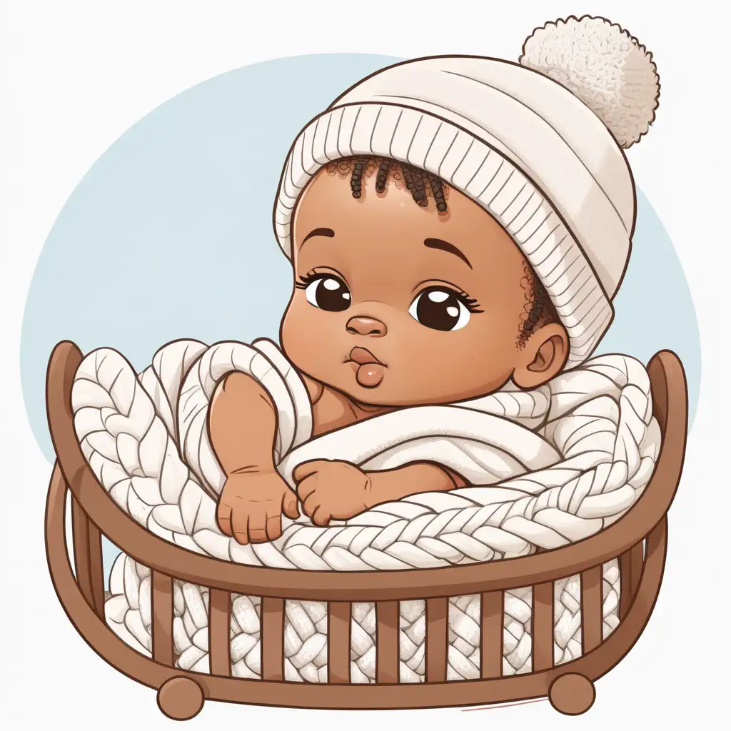 vector cartoon of cute newborn light-skinned african-american in crib wearing knitted hat white background