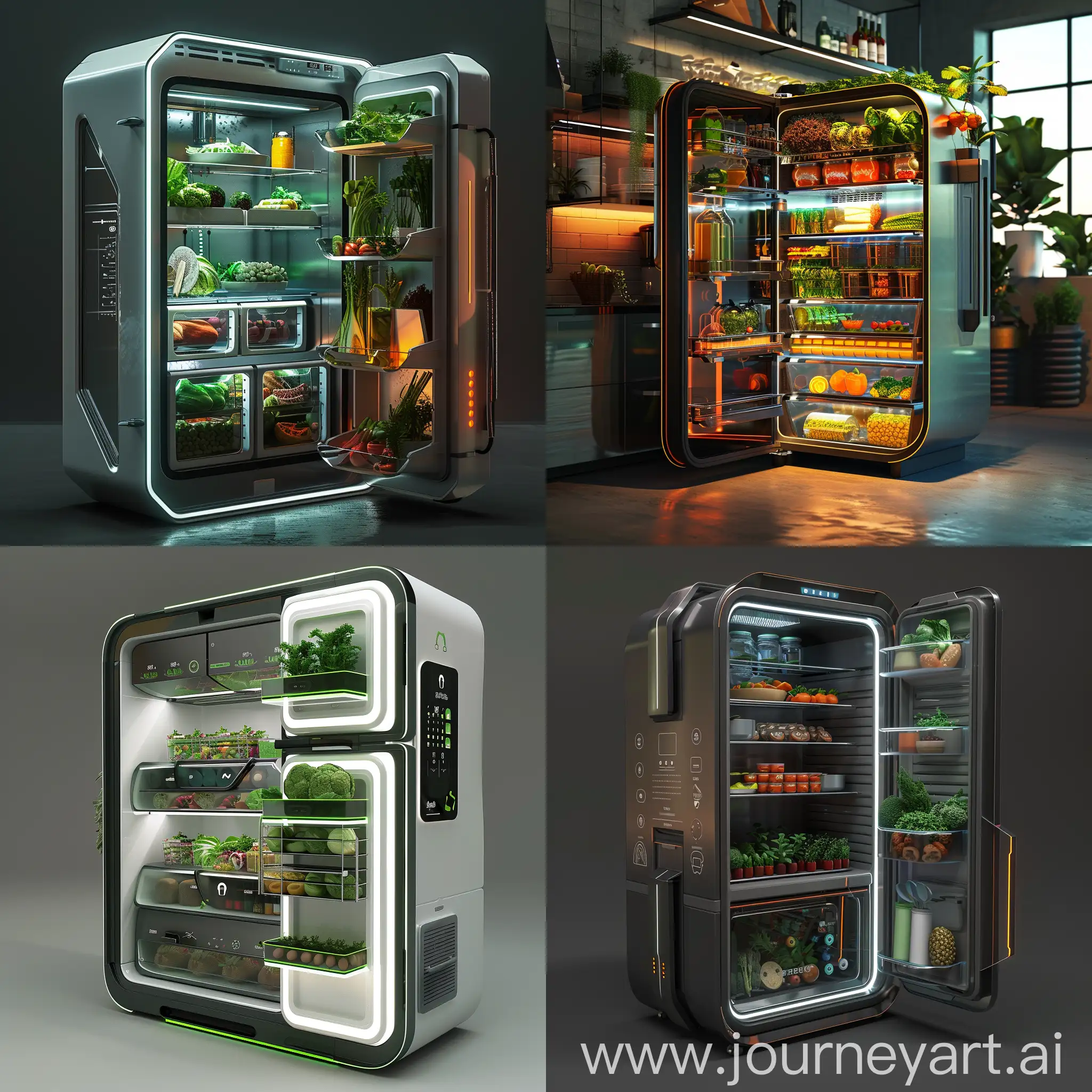 Futuristic fridge, Robotic Chef Assistant (AI & Robotics), Self-Inventory and Replenishment (IoT & Blockchain), Personalized Nutrition (Biotechnology & Gene Editing), Virtual Reality Meal Planning (VR), Augmented Reality Food Labeling (AR), Nano-Preservation (Advanced Materials Science), Vertical Farming Integration (Biotechnology & IoT), Waste Composting Unit (Biotechnology), Energy Efficient Design (Advanced Materials Science), Self-Cleaning Surfaces (Advanced Materials Science), Kinetic Display (AI & Advanced Materials Science), Voice Control Interface (AI), Modular Design (Advanced Materials Science), Transparent or Tinted Glass Doors (Advanced Materials Science), Organic LED Lighting (Advanced Materials Science), Recycled or Biodegradable Materials (Sustainability & Advanced Materials Science), 3D Printed Accents (3D Printing), Interactive Recipe Projection (VR & AR), Social Media Integration (IoT), "Living" Fridge Exterior (Biotechnology & Advanced Materials Science), in unreal engine 5 style --stylize 1000