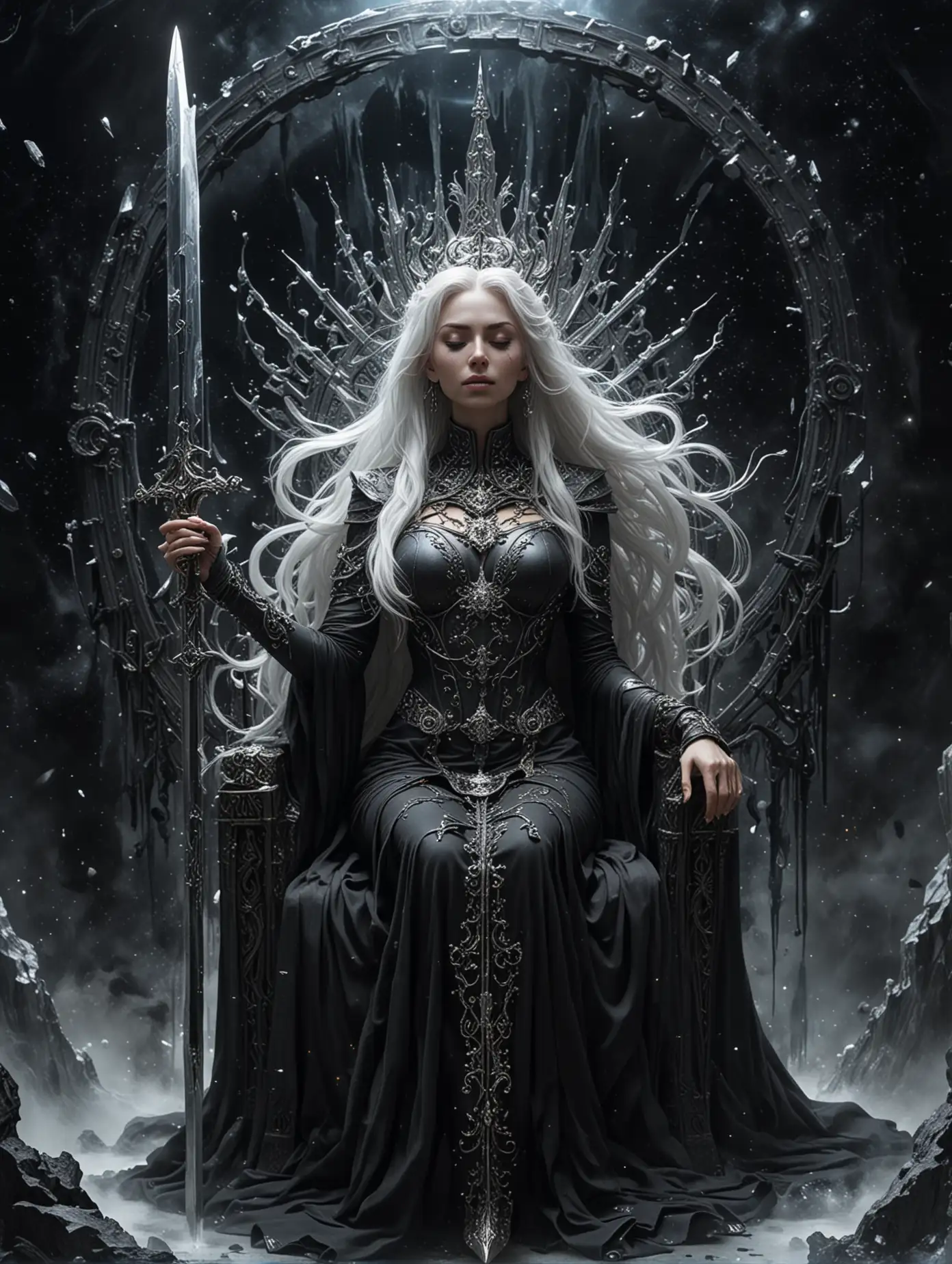 Majestic-Goddess-with-Black-Iron-Mask-and-Icy-Crown-in-Space