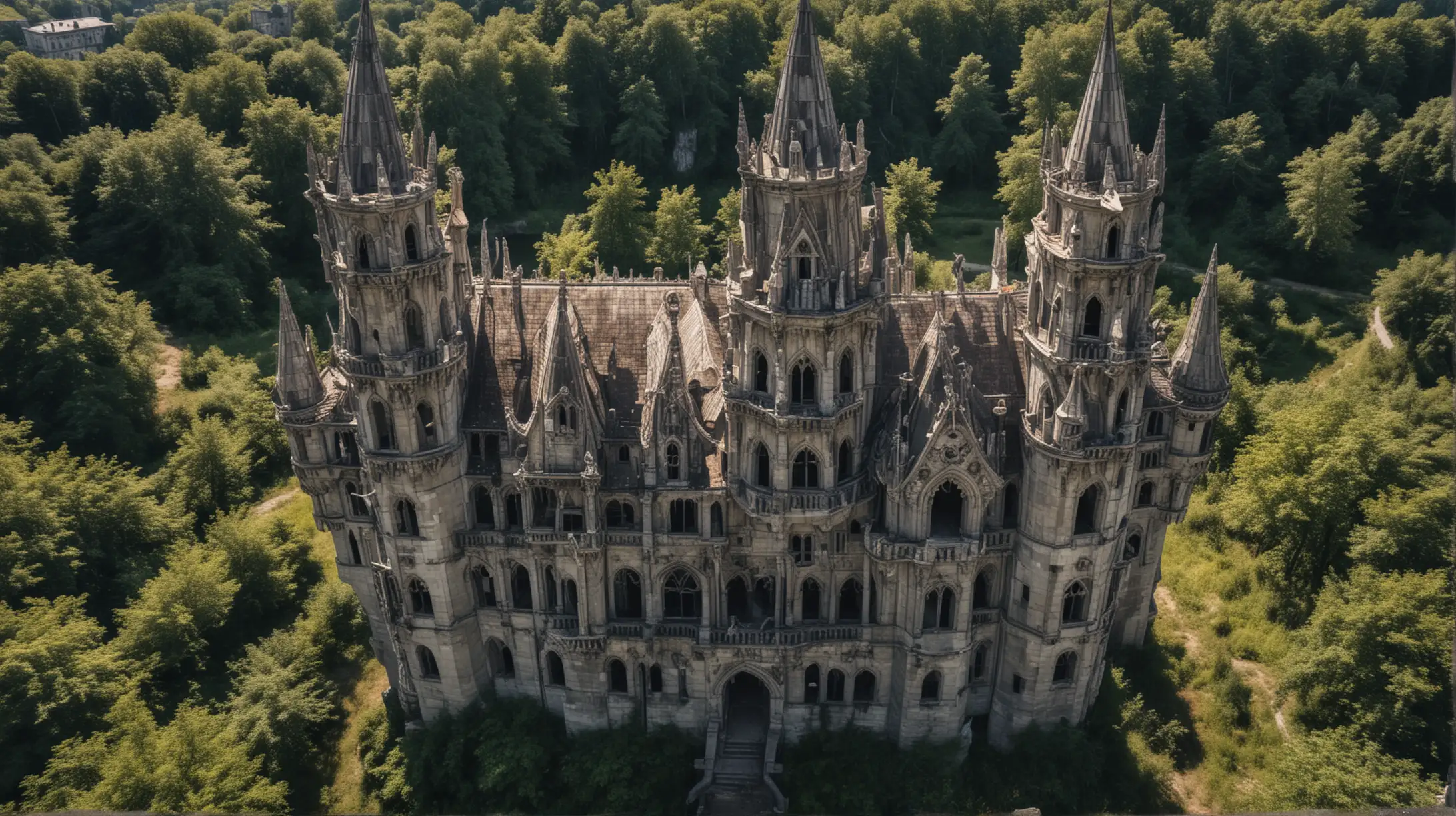 Aerial View of Abandoned Gothic Castle with Gargoyles and Masks