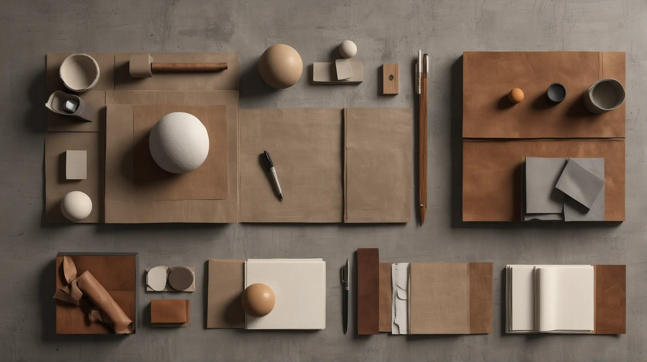 Material collage from interior architecture in realistic 3D setup, different shapes, square, rectangles, natural materials, pen and paper, various textures, olive-colored fabric, dark leather, light gray in small sphere, dark gray in rectangle on table, minimalism and design