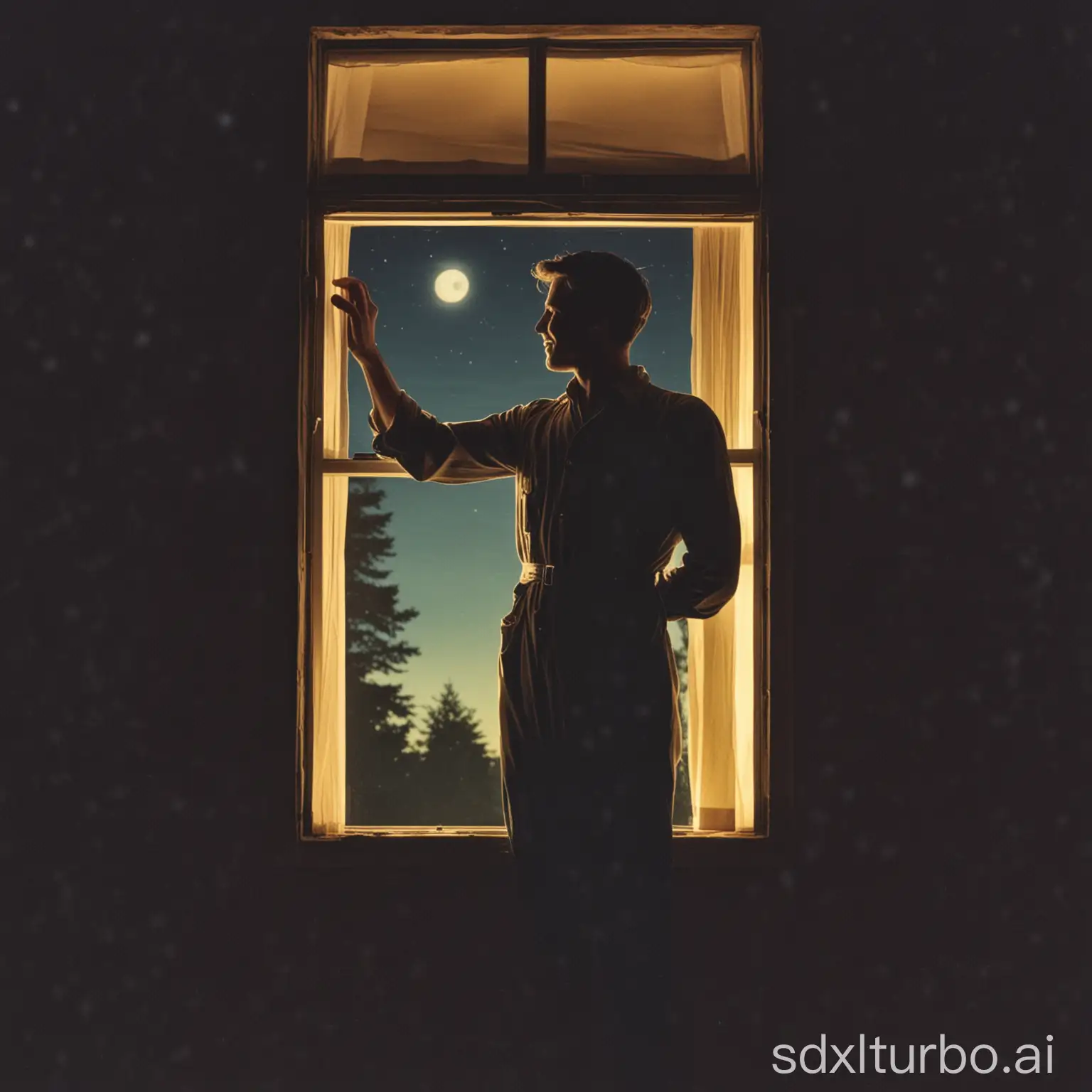 vintage 1960s photograph of a rural A silhouette of a photographer man stands at the window, looking out into the night. The moonlight gently illuminates his clothing, casting a soft shadow over his face, smiling, color