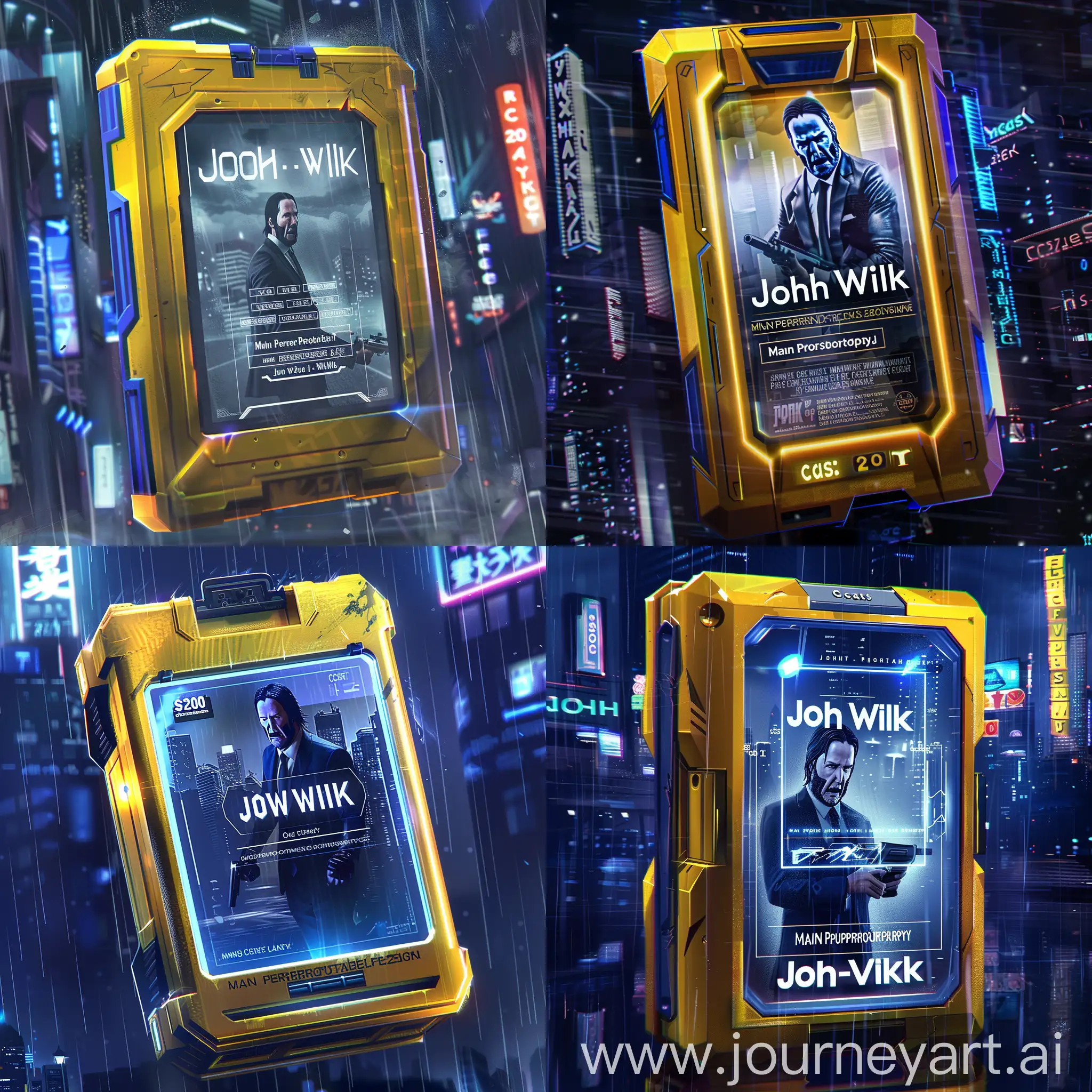 Generate a stunning cyberpunk-style case with a holographic display, showcasing the main character, John Wick. The case is sleek, metallic, with neon blue and purple accents. It has a digital price tag showing "Cost: 250р" and a prominent label "Main Prize: Personal Profession 'John Wick'". The background is a futuristic cityscape with towering skyscrapers, neon signs, and a dark, rainy atmosphere. John Wick is depicted in his signature black suit, holding a high-tech weapon, with an intense and determined expression.
