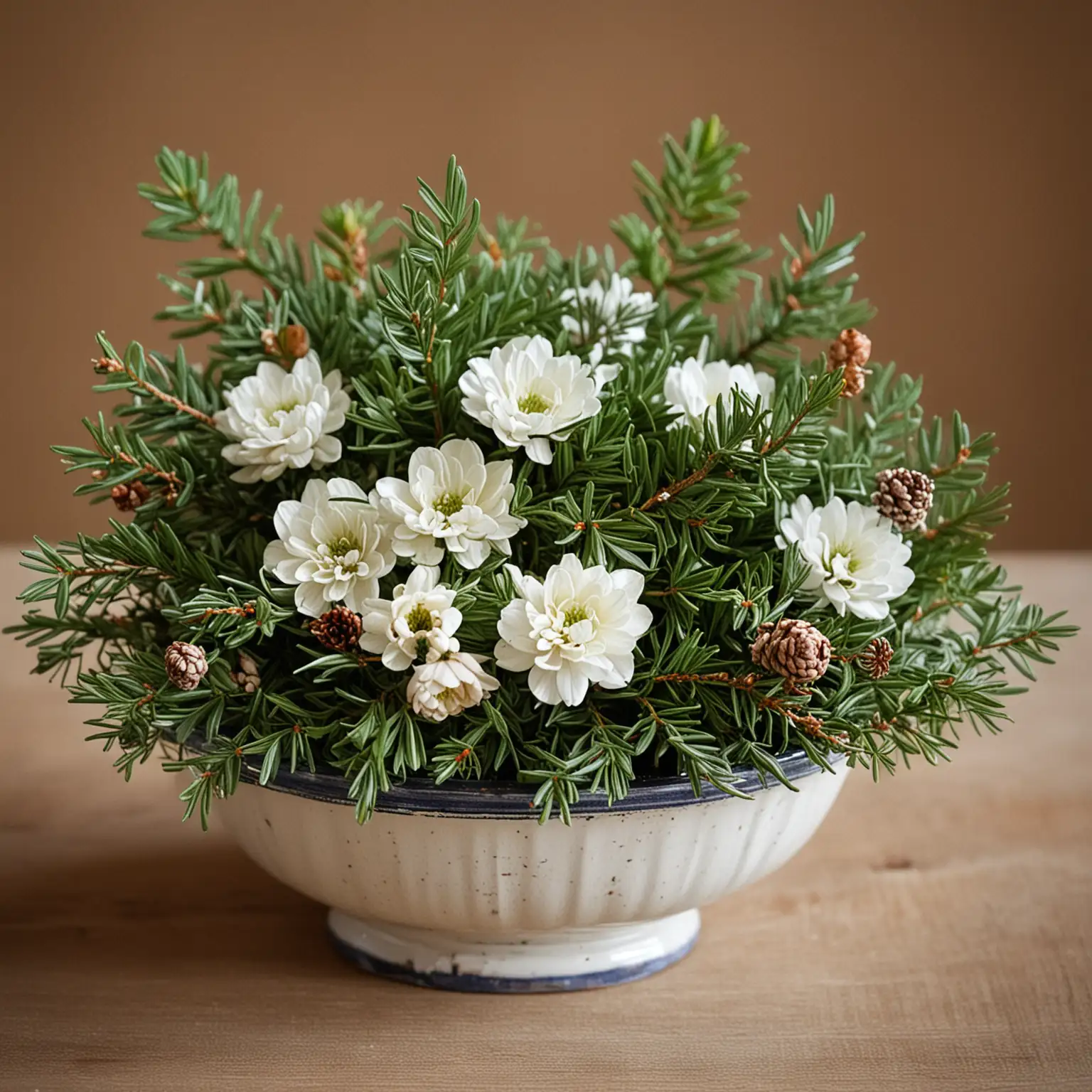 small centerpiece with vintage bowl filled with evergreen and winter flowers for a winter wedding centerpiece