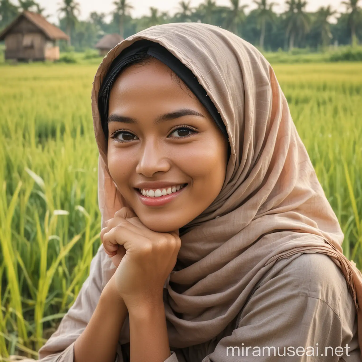 seorang wanita indonesia cantik, tersenyum, bibir atas tipis, gigi atas sedikit, terlihat memakai busana gadis pedesaan dan hijab sedang duduk di gubuk tepi sawah berkhayal dan mimpi bertemu keluarga di kampung.
