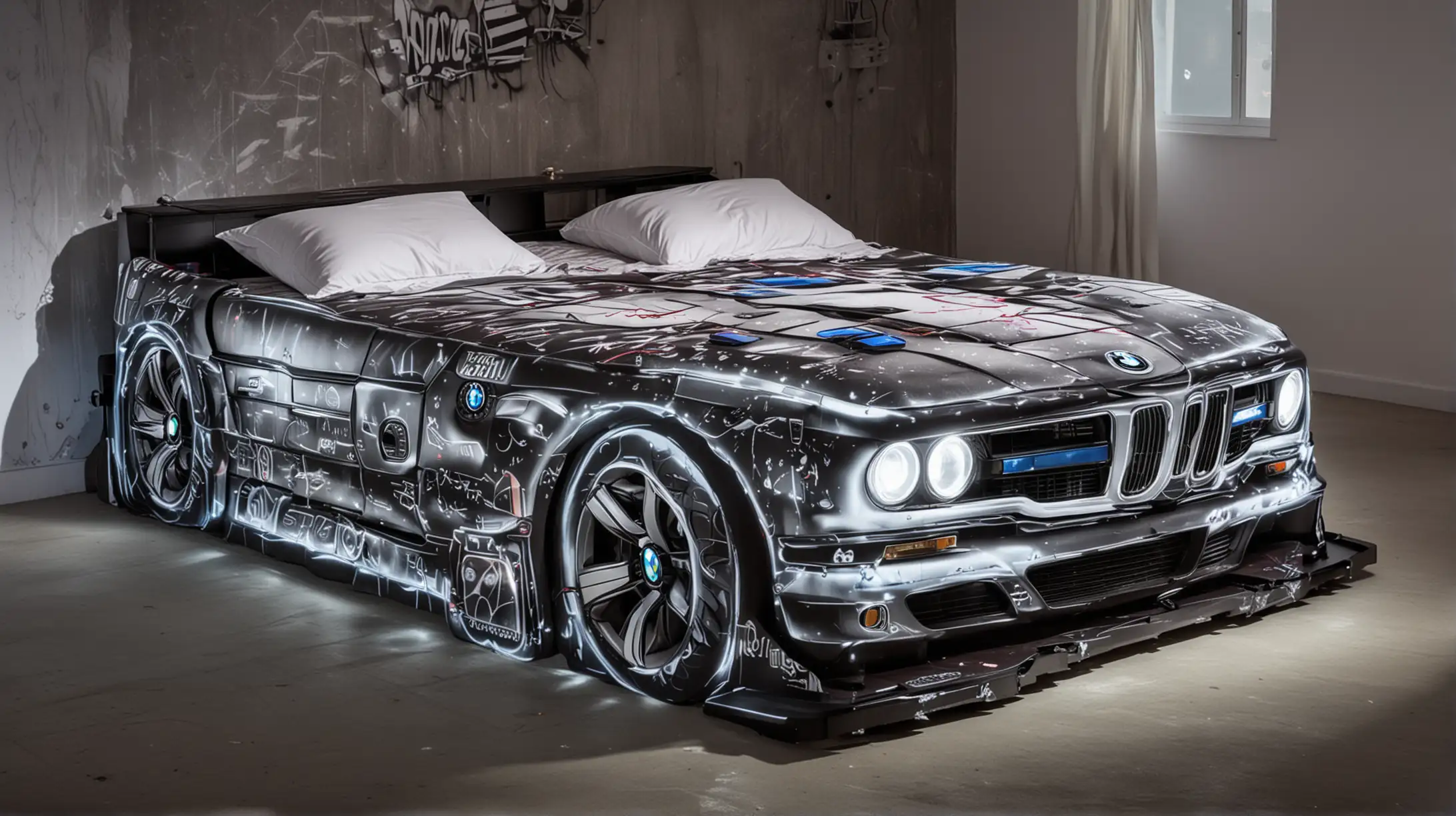 BMW Car Shaped Double Bed with RGB Graffiti and Illuminated Headlights