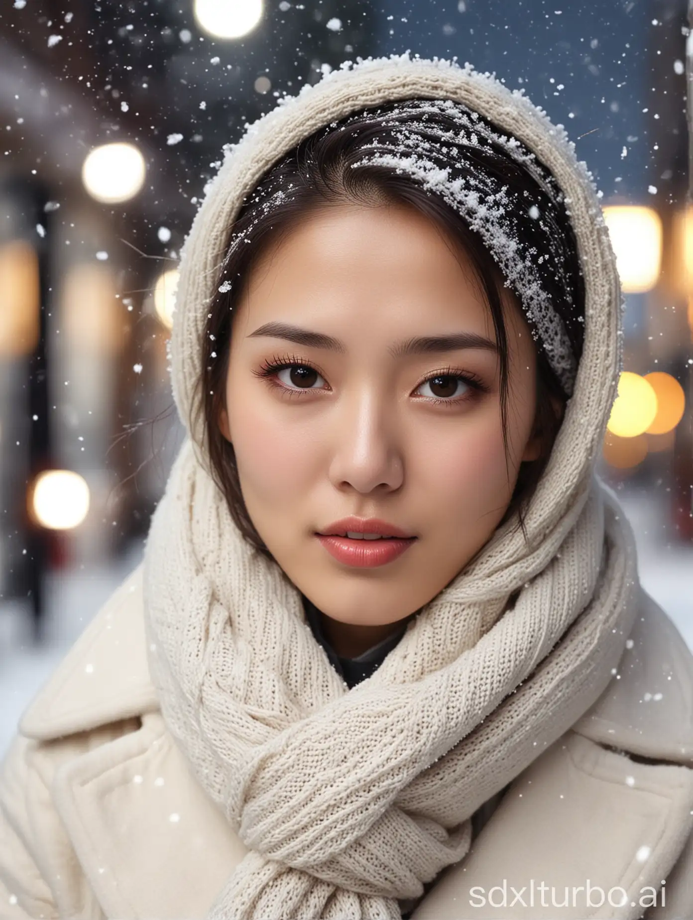 1girl, adult, beautiful face, pretty face, fair skin, thin eyebrow, high nose, beautiful Asian mouth, scarf, white coat, snowing, street background, real photo style, cinema light