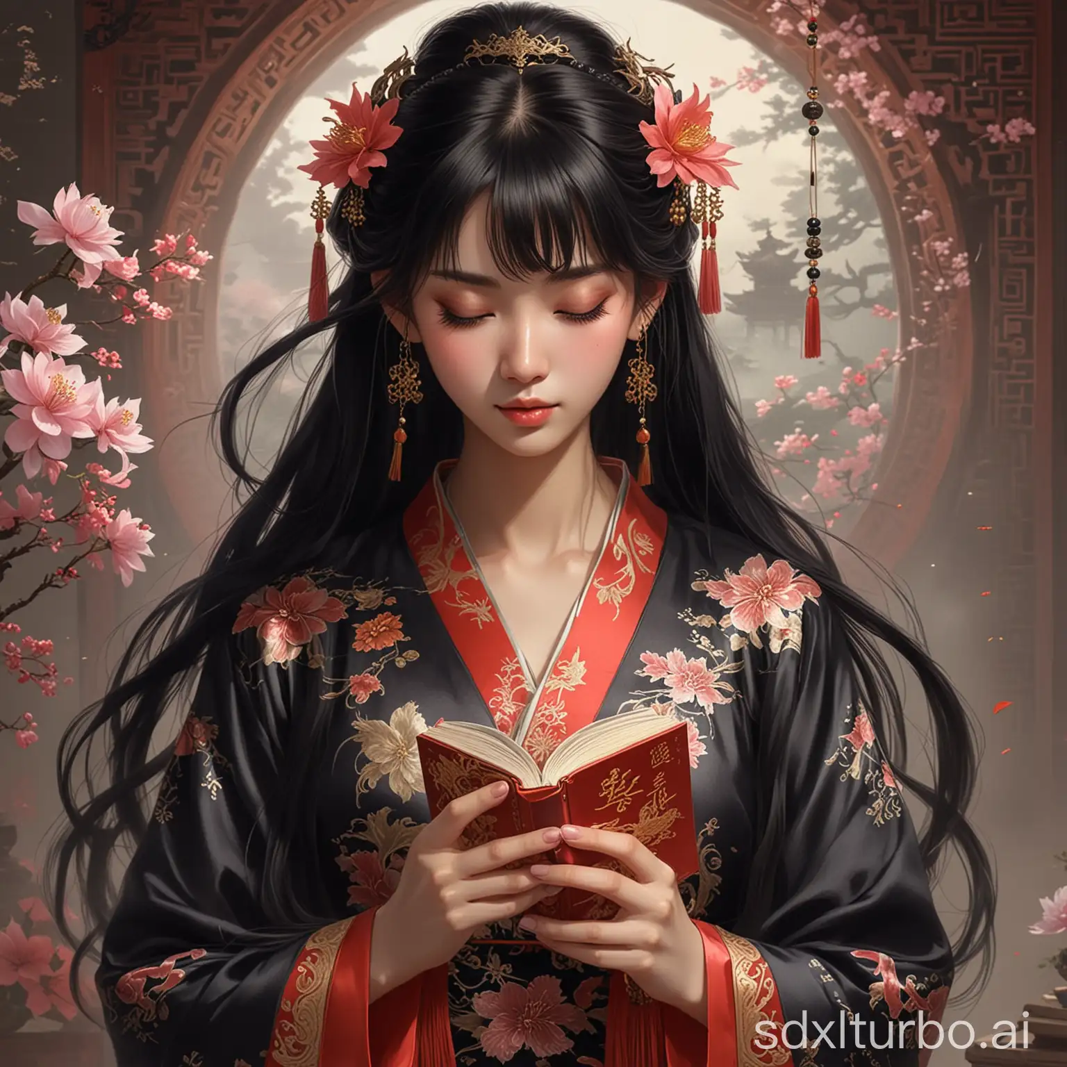 Elegant-Asian-Woman-with-DragonThemed-Accessories-and-Book