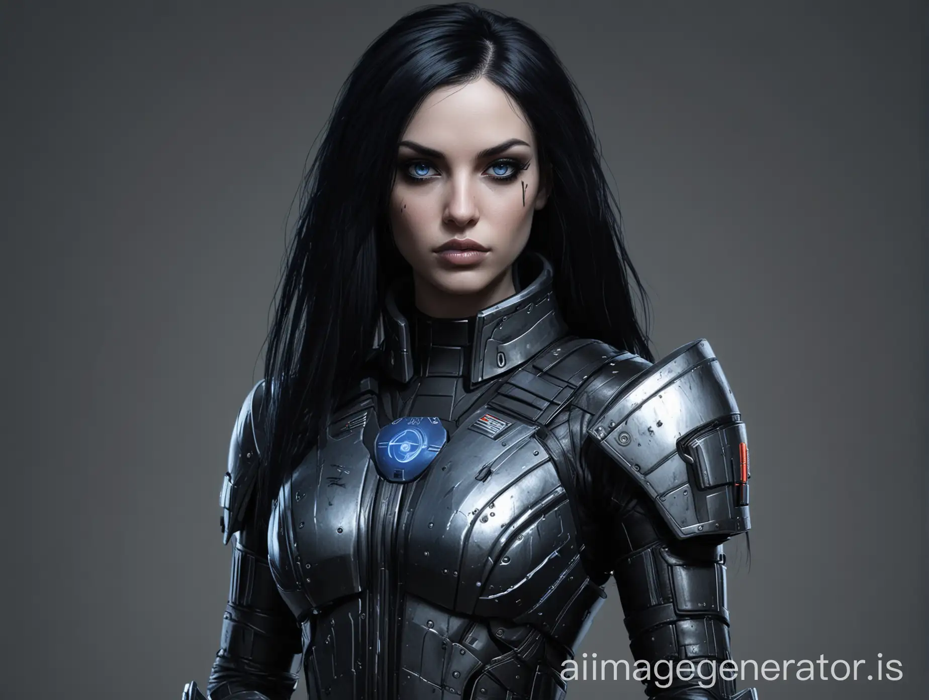 A ((slightly (goth punk)) woman) with long, black hair and (silver blue) eyes, dressed in a (dark sleek ((mass effect) style) armor), standing confidently. No background.