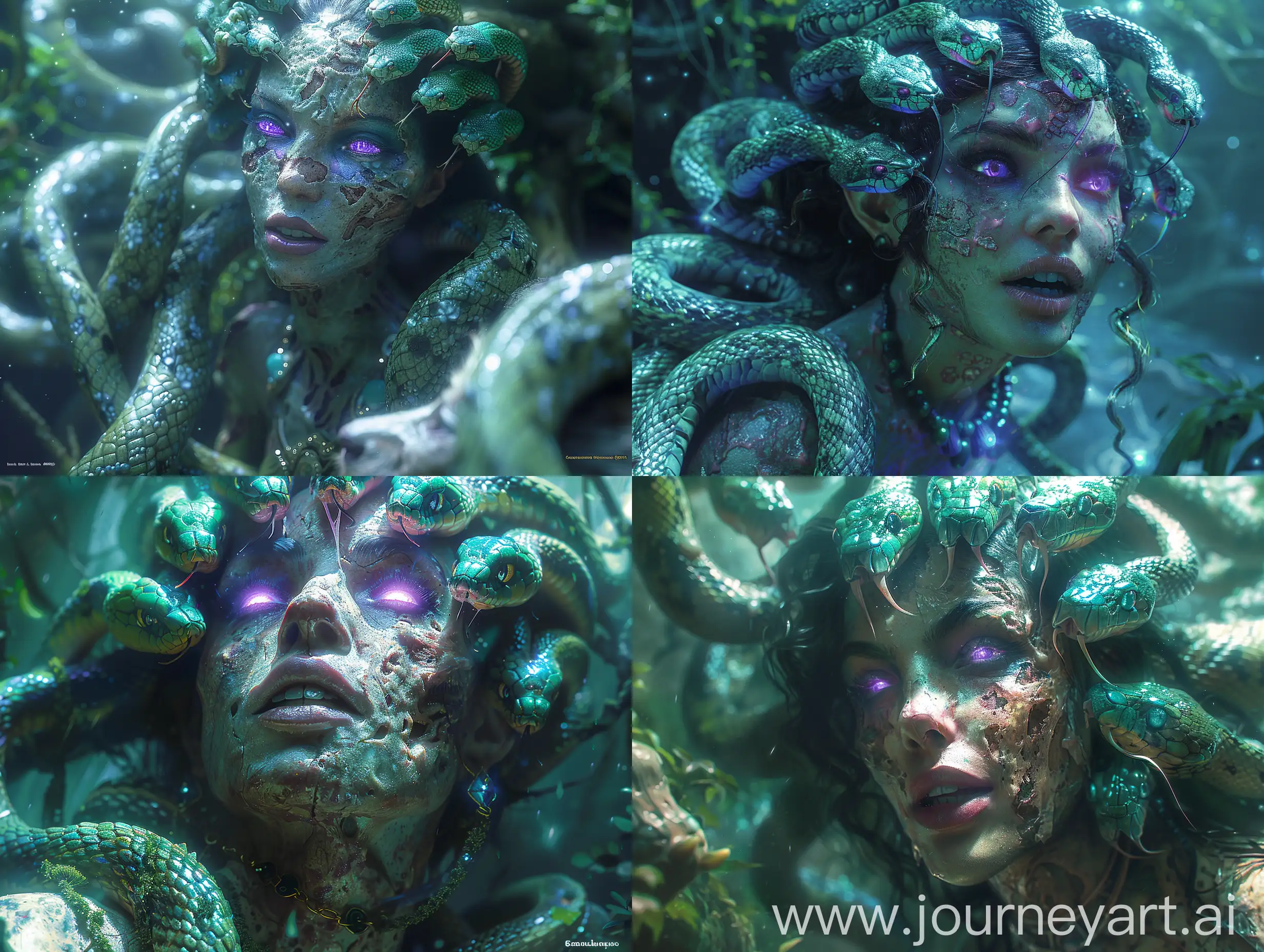 photorealistic image of medusa with ten snake heads speaking to an animal. The snake heads swarm above her head. the snake heads are green, blue and turquoise. Medusa's eyes glow purple. Medusa has peeling skin. she wears special jewelry. she is in a dark spooky forest. it's night. moonbeams shine through the vegetation. atmospheric lighting, very detailed. --s 1000