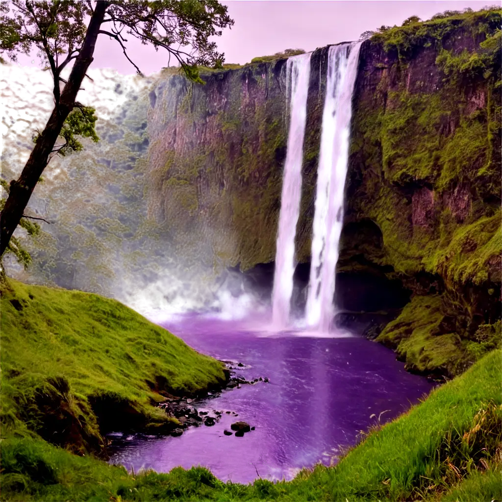 Uma cachoeira,com agua roxa,matos e grama molhada,um clima chuvoso
