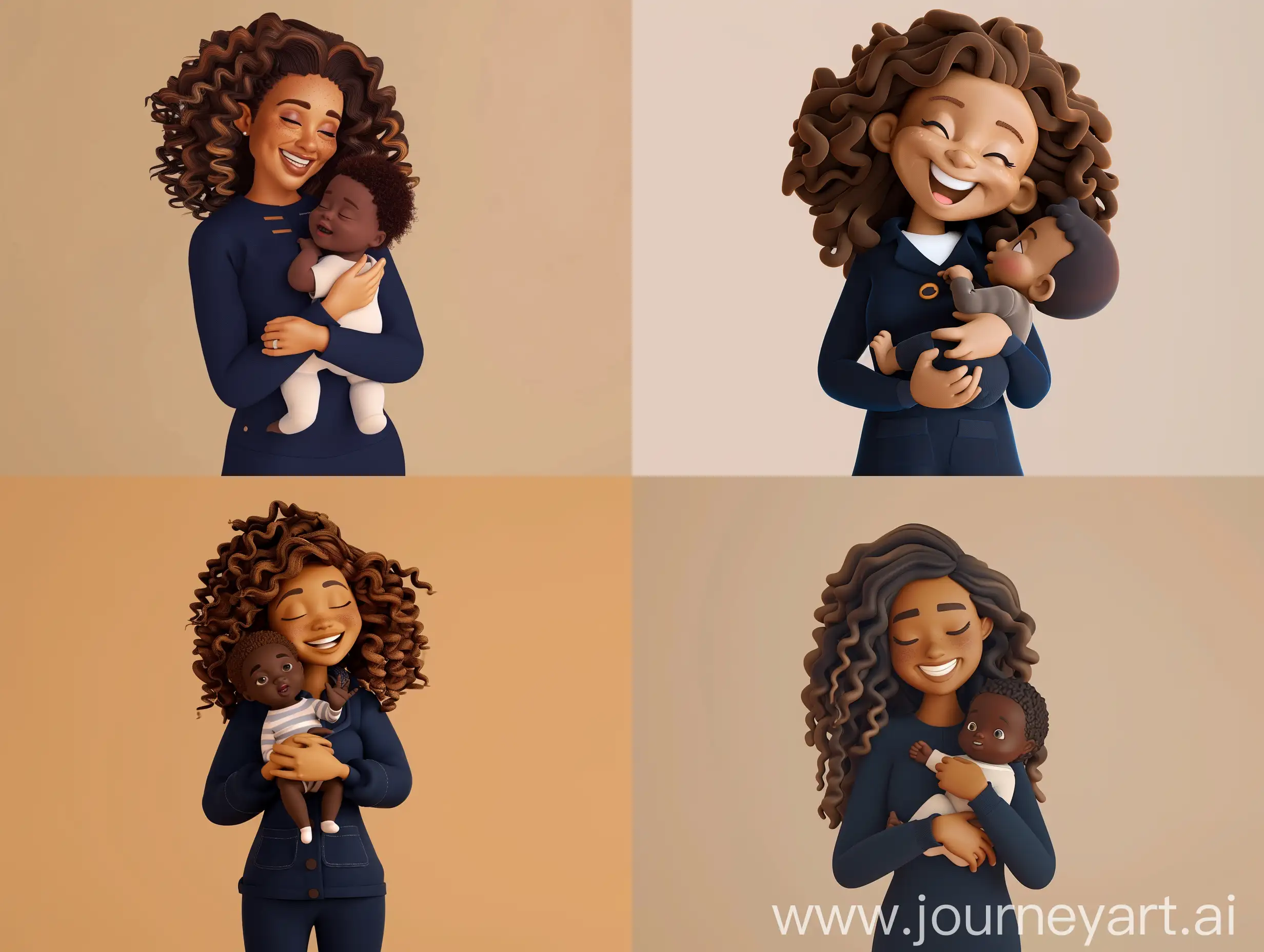 3D drawing of a happy, brunette, curly-haired mother wearing a navy blue outfit holding a dark-skinned baby in her arms, 8k image