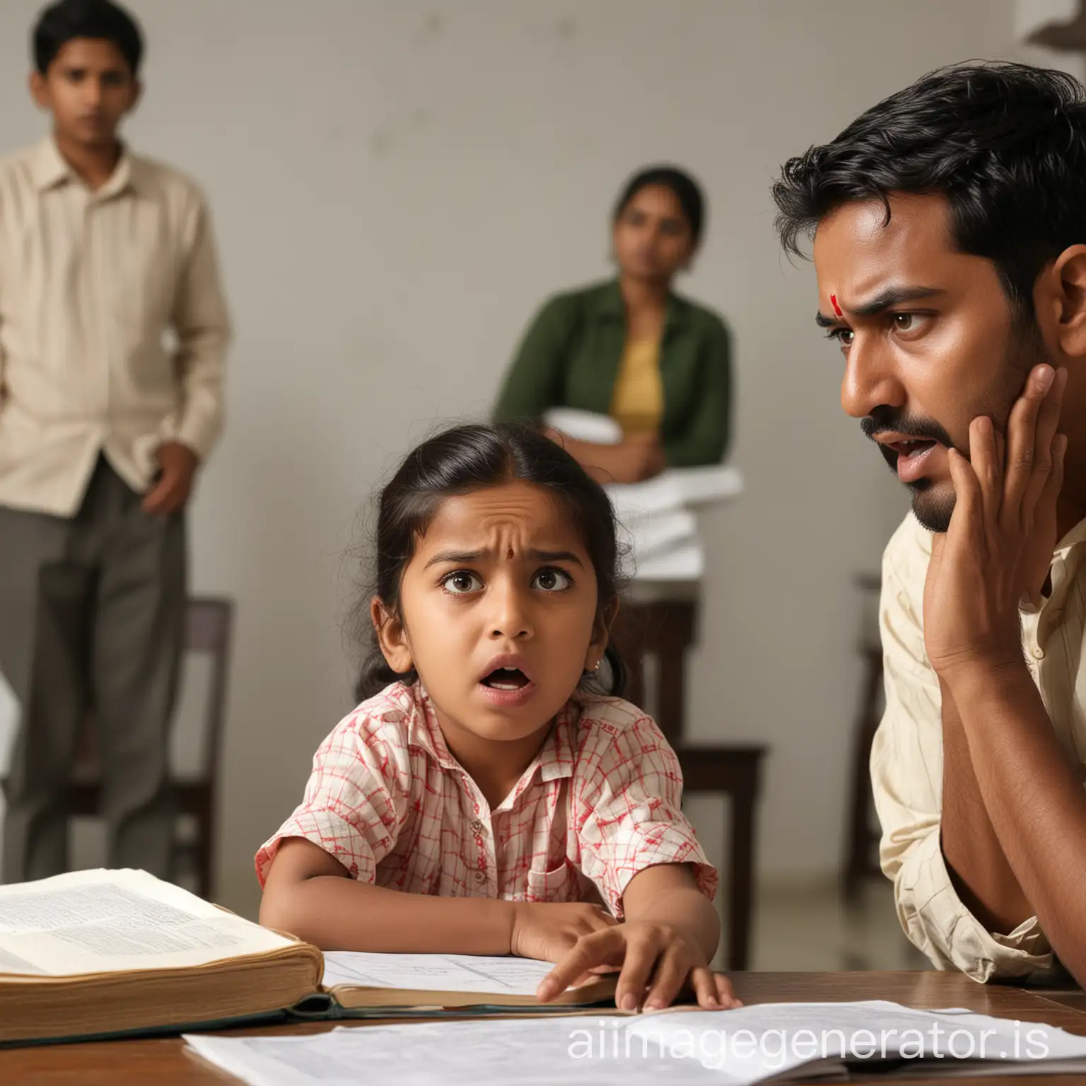 Indian face, father and mother arguing behind, child studying in the foreground, child's painful expression