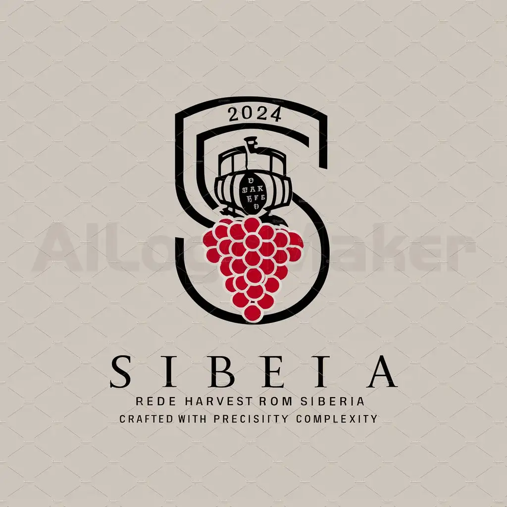 a logo design,with the text "S", main symbol:2024 grape harvest barrel heraldic shield red wine Siberia craft,complex,clear background