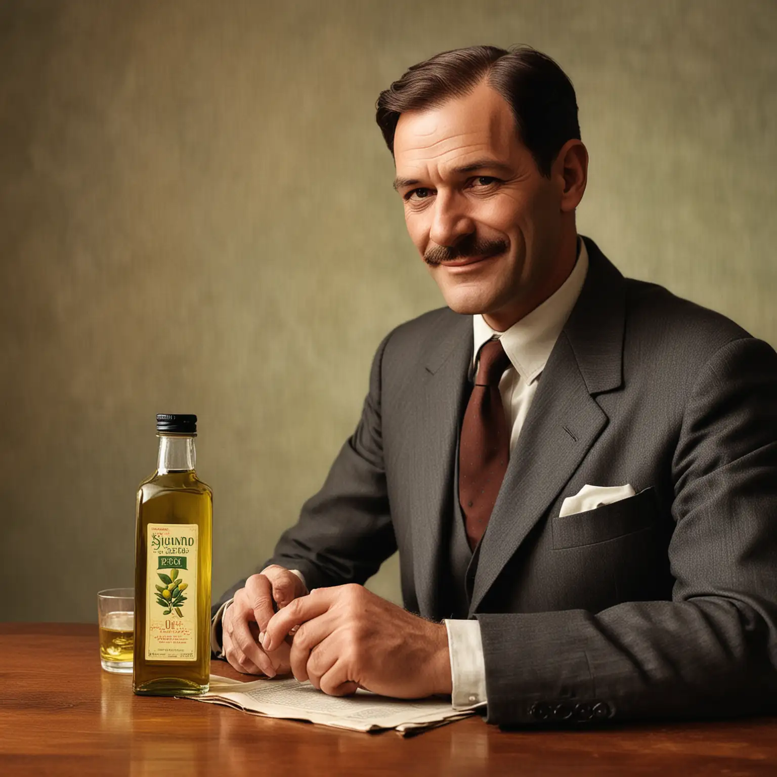 a man in a suit mid century, sigmund freud look a like, sitting at a table, sly smile, looking at a large bottle of olive oil
