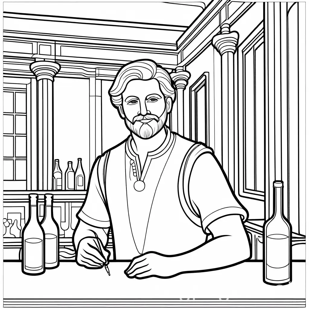 a man in a tavern, Coloring Page, black and white, line art, white background, Simplicity, Ample White Space. The background of the coloring page is plain white to make it easy for young children to color within the lines. The outlines of all the subjects are easy to distinguish, making it simple for kids to color without too much difficulty