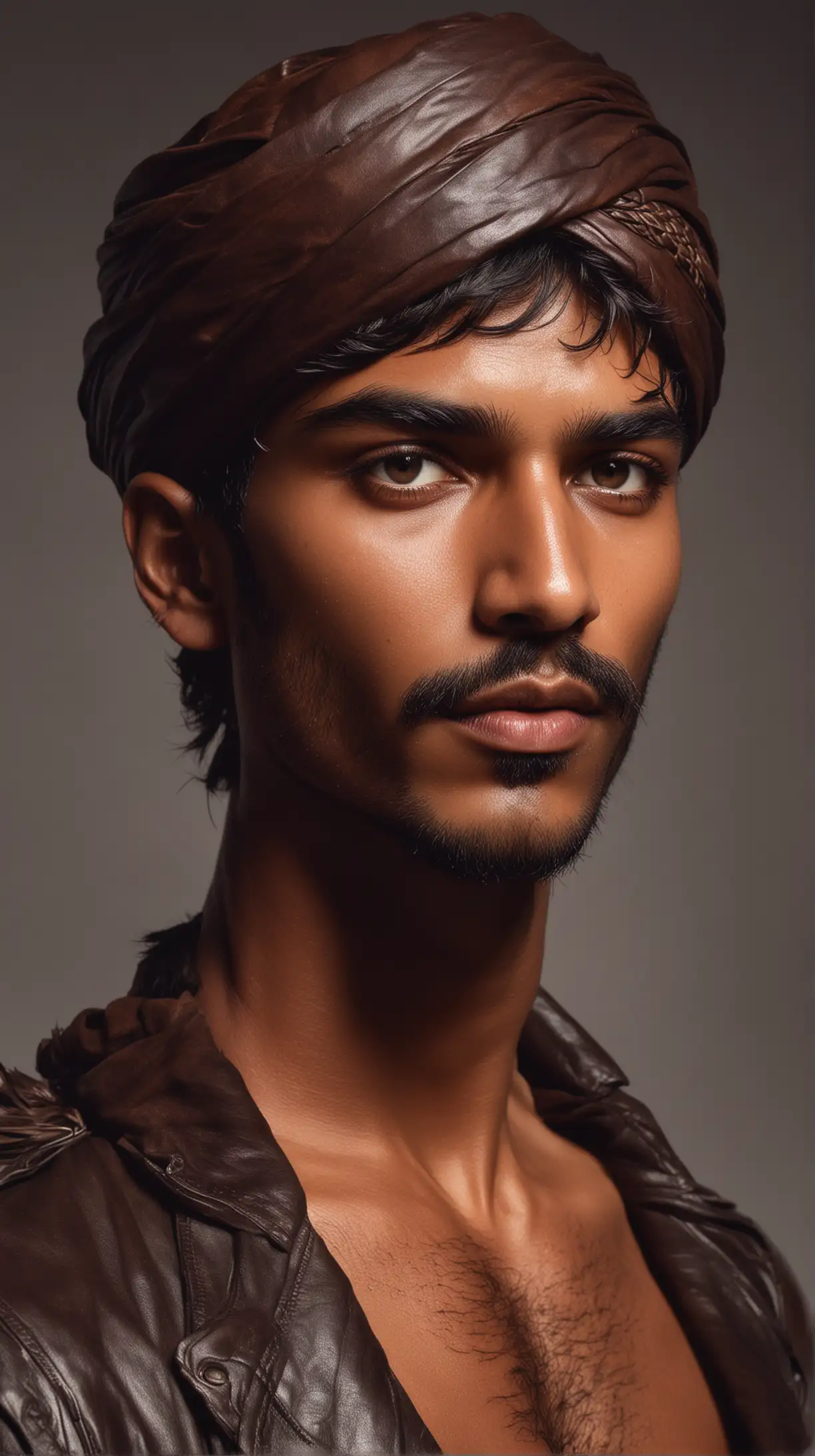 illustration by Daniel Jaems, dynamically posed, rugged masculine queercore hirsute indian man with short hair, turban by Tom Ford, eyeliner, sunkissed deep brown skin,evocative intimate physicality, wearing an outfit made from leather straps and magic , cliff chiang fantasy