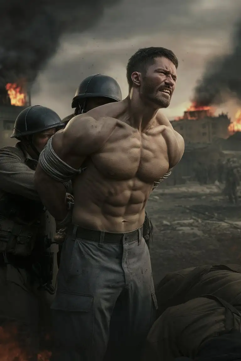 Muscular soldier, shirtless, his arms and hands are behind his back, he is being captured by enemy