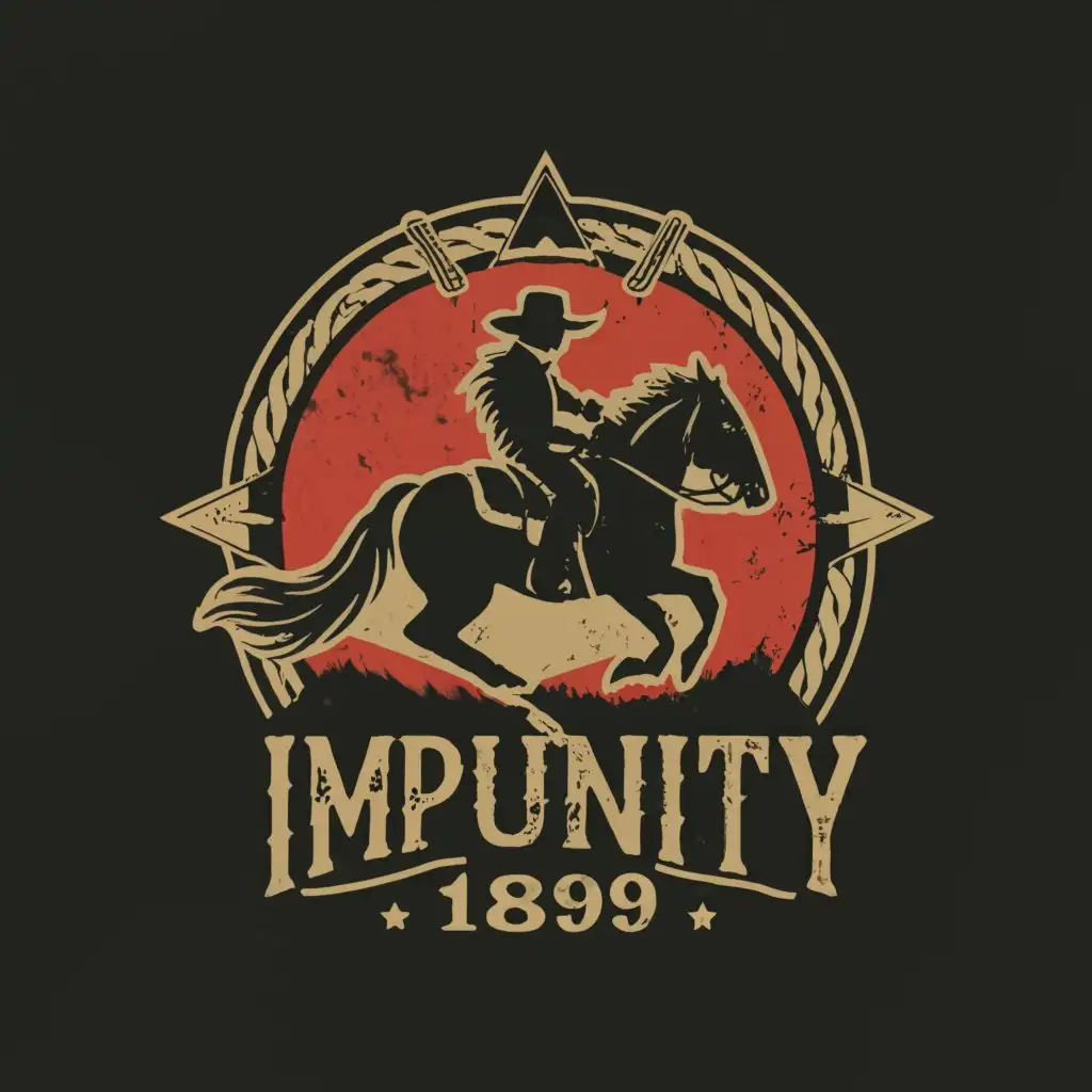 a logo design,with the text "IMPUNITY", main symbol:Cowboy,Horse,1899,BlackWater,Moderate,be used in Entertainment industry,clear background