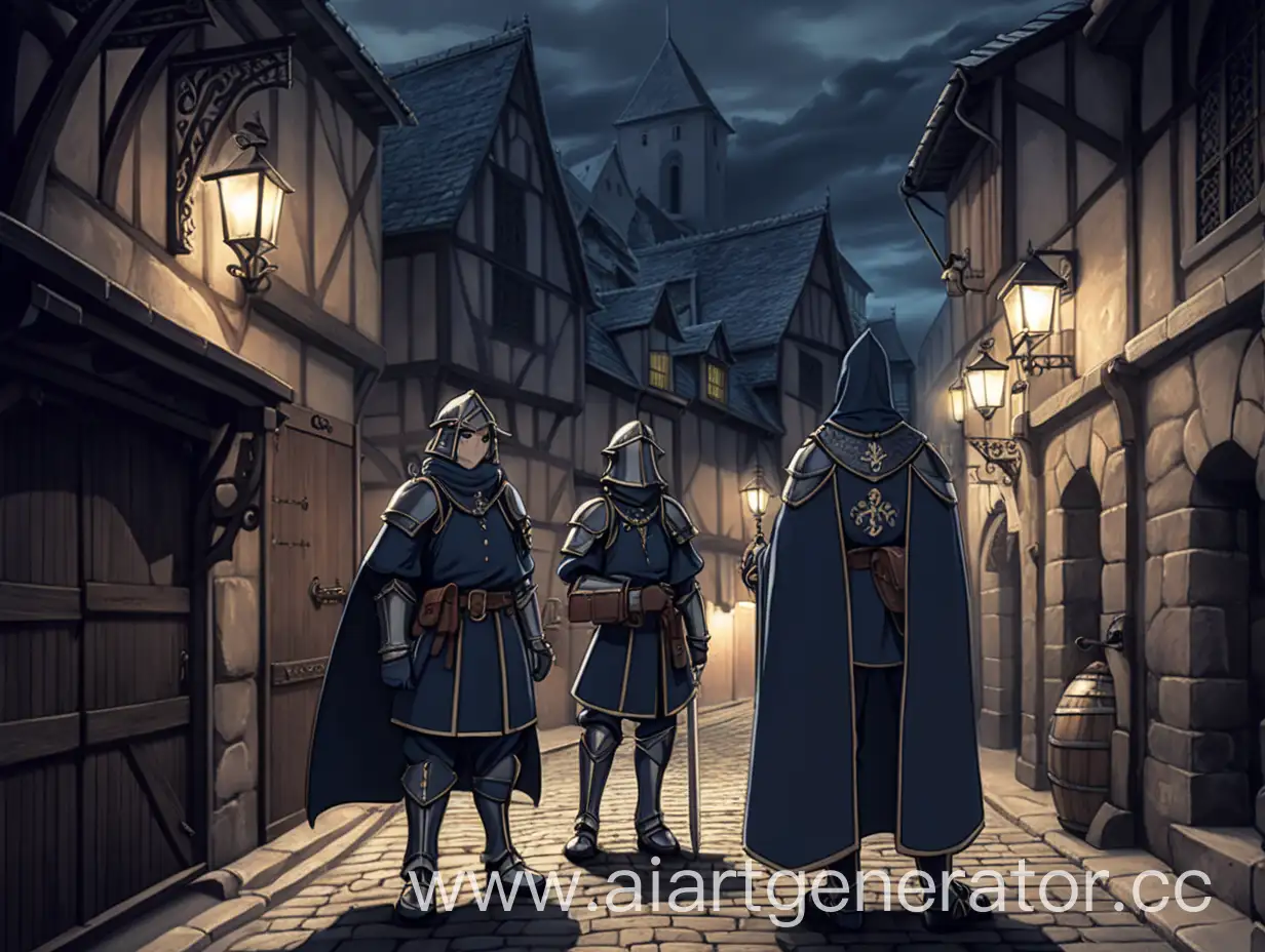 стражники, локация мрачная средневековая улица, стиль аниме 90х